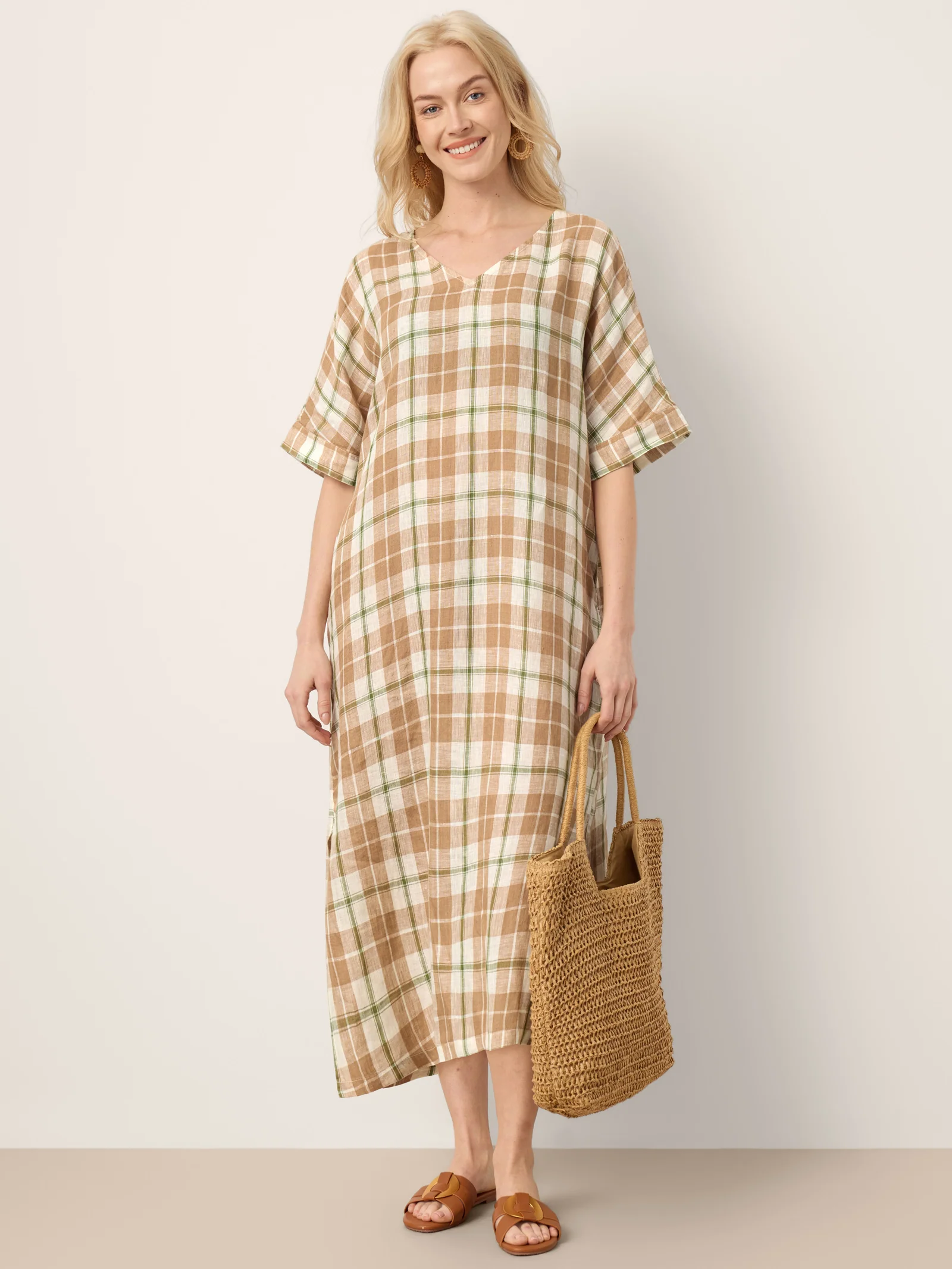 100% Linen Plaid Deep V-Neck Drop Shoulder Side Slit Maxi Dress LESLIE - Image 11
