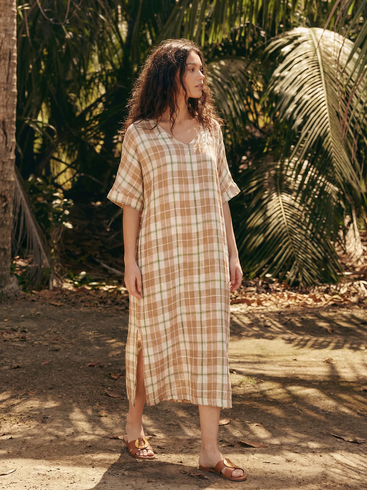 100% Linen Plaid Deep V-Neck Drop Shoulder Side Slit Maxi Dress LESLIE - Image 2