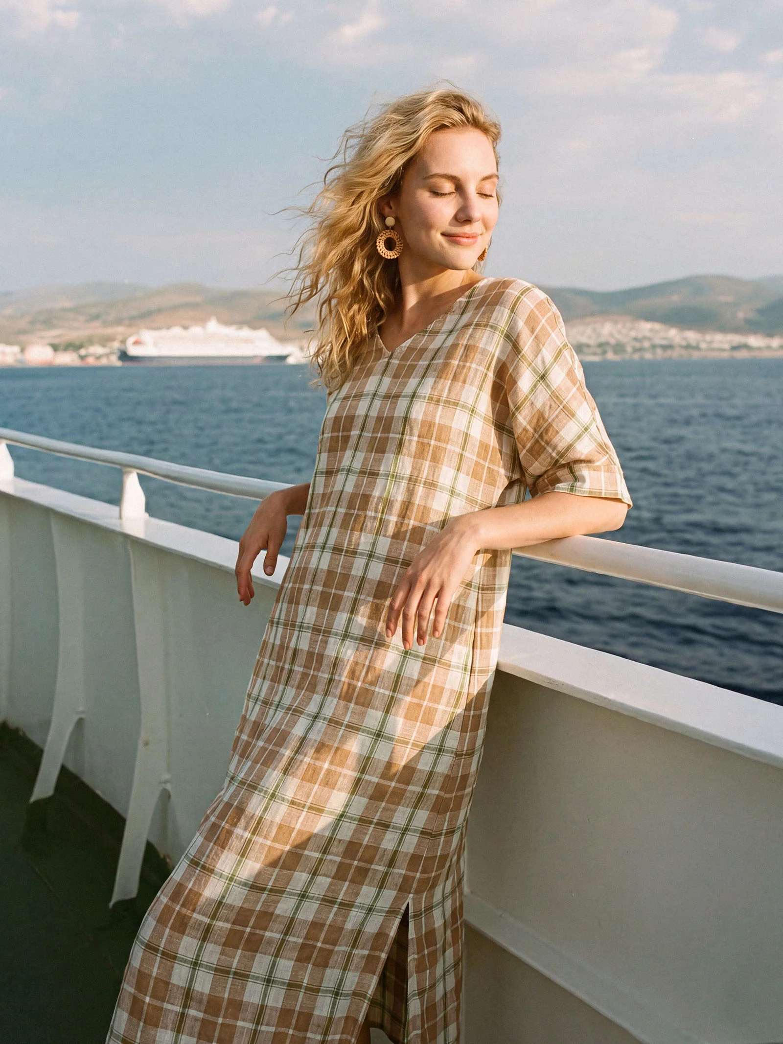 100% Linen Plaid Deep V-Neck Drop Shoulder Side Slit Maxi Dress LESLIE - Image 3