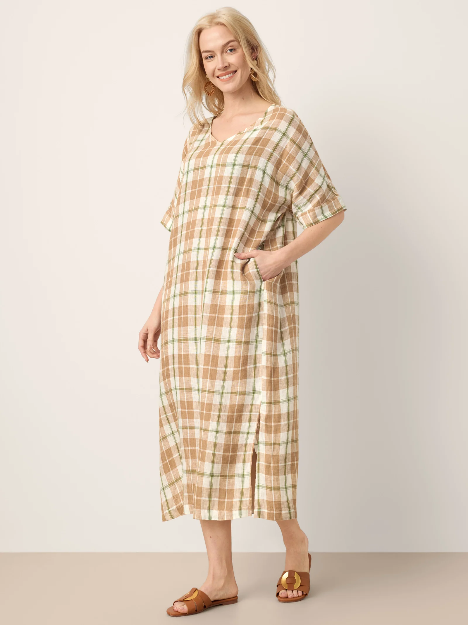 100% Linen Plaid Deep V-Neck Drop Shoulder Side Slit Maxi Dress LESLIE - Image 4