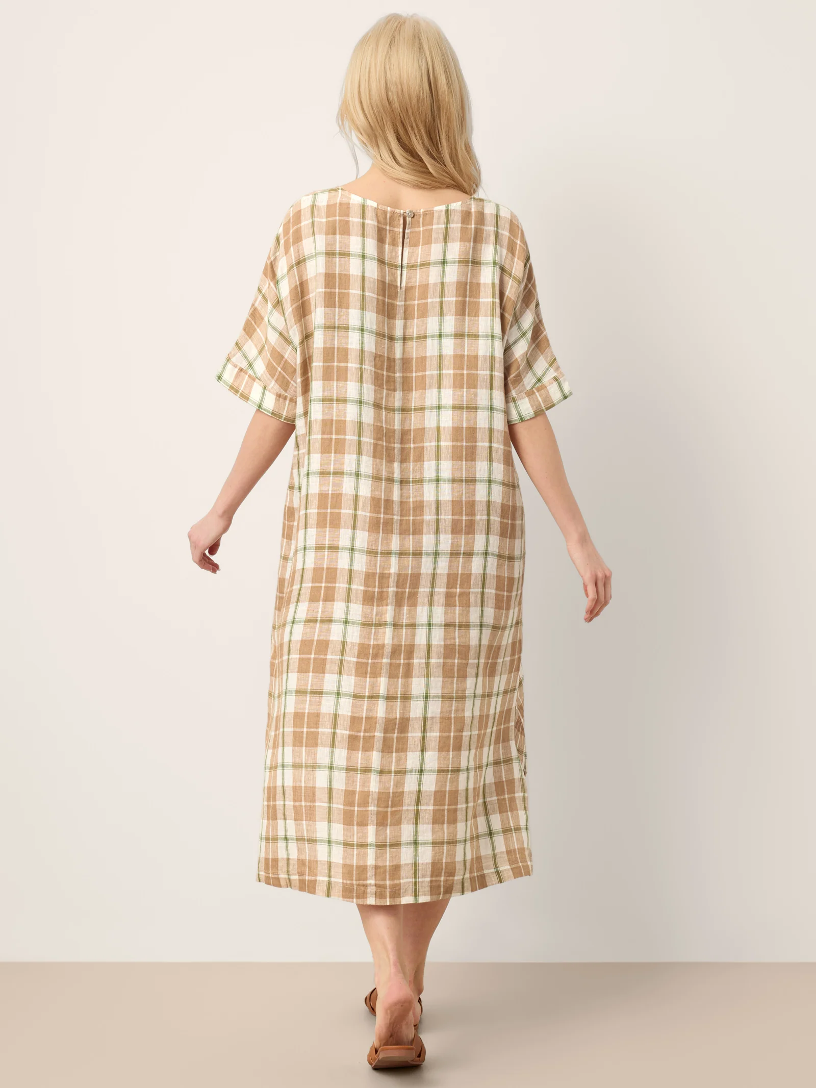 100% Linen Plaid Deep V-Neck Drop Shoulder Side Slit Maxi Dress LESLIE - Image 5