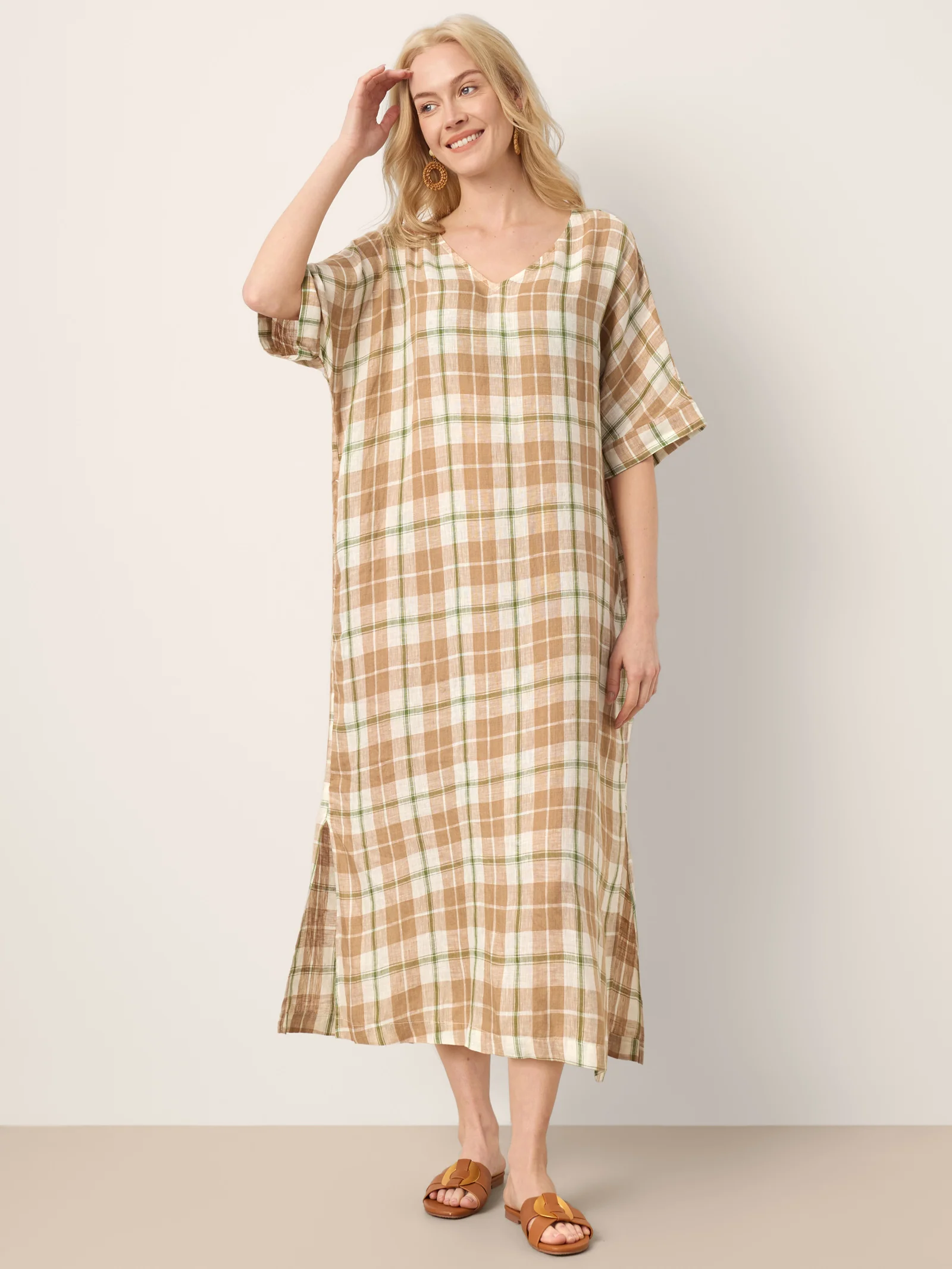 100% Linen Plaid Deep V-Neck Drop Shoulder Side Slit Maxi Dress LESLIE - Image 6