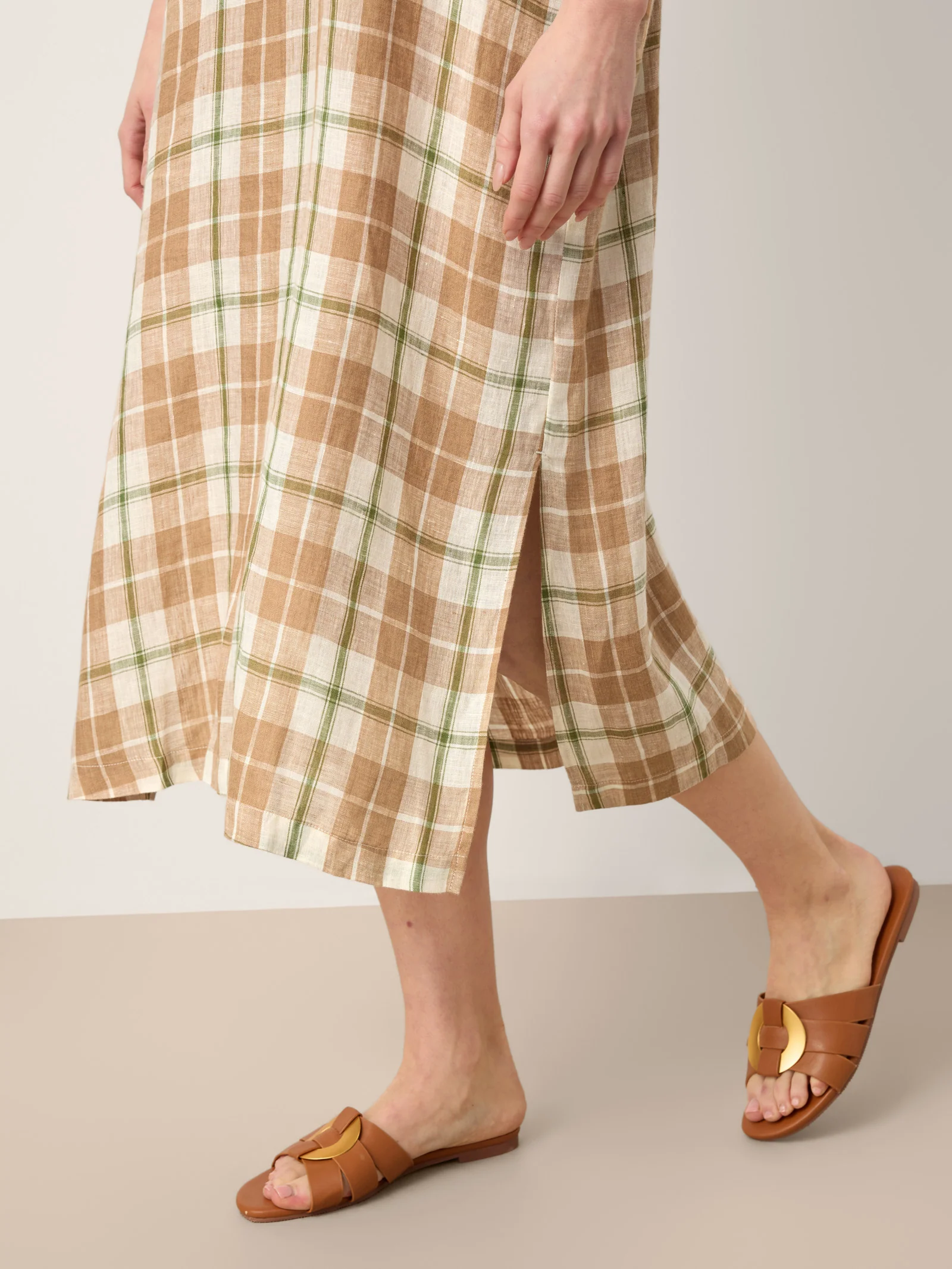 100% Linen Plaid Deep V-Neck Drop Shoulder Side Slit Maxi Dress LESLIE - Image 8