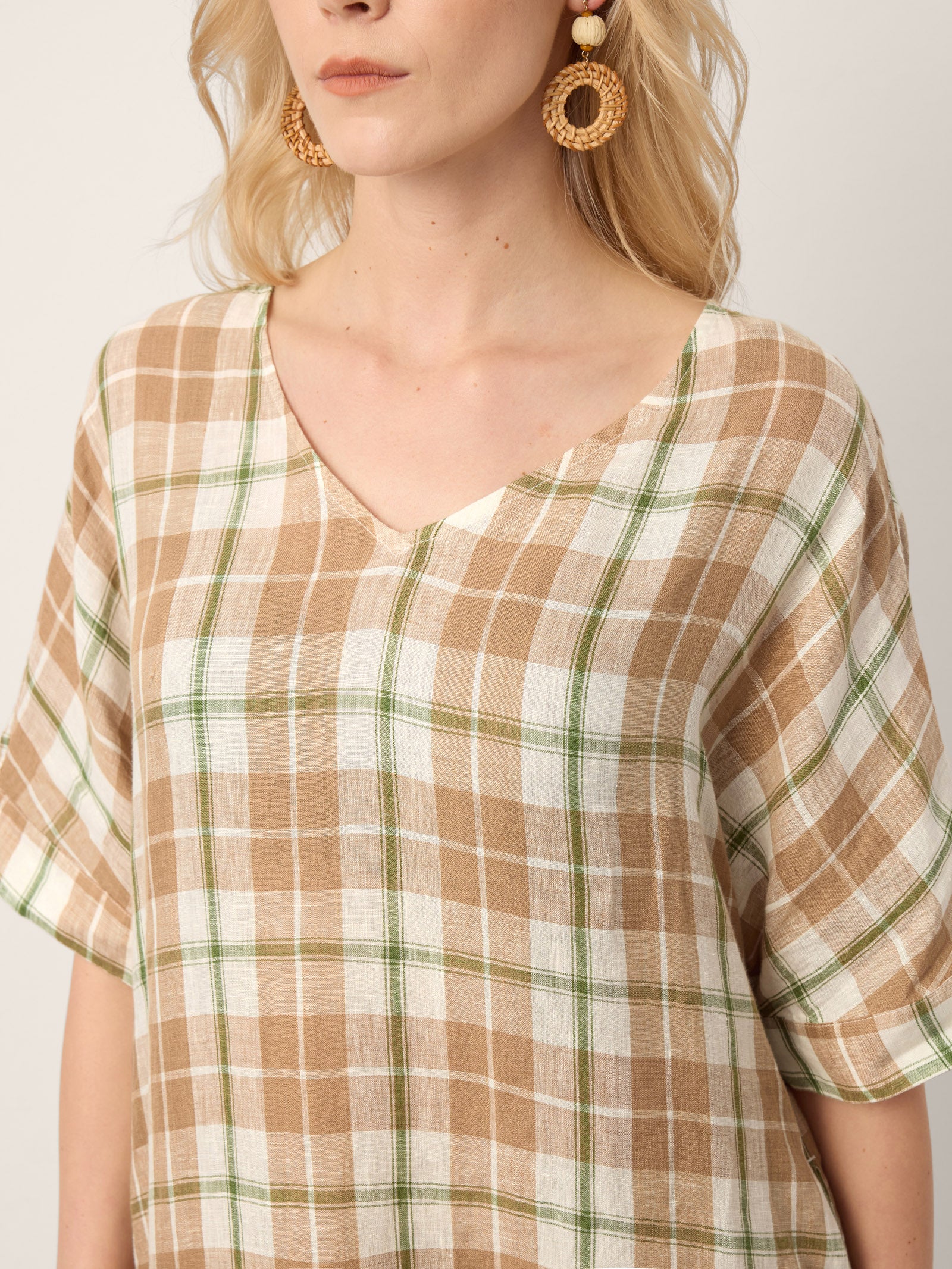 100% Linen Plaid Deep V-Neck Drop Shoulder Side Slit Maxi Dress LESLIE - Image 9