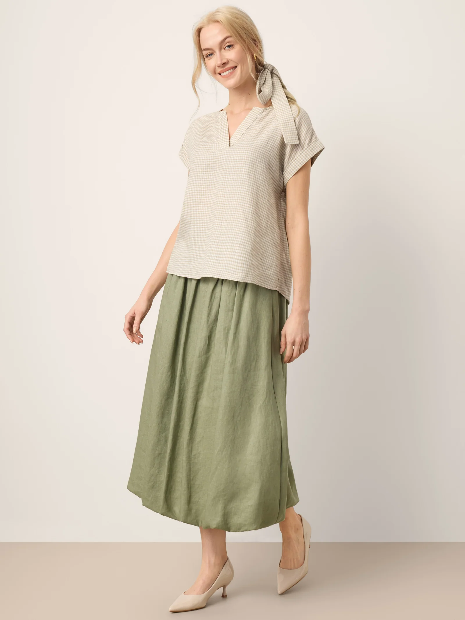100% Linen Plaid Detachable Tie-Belt Split-Neck Top LEXIE - Image 10