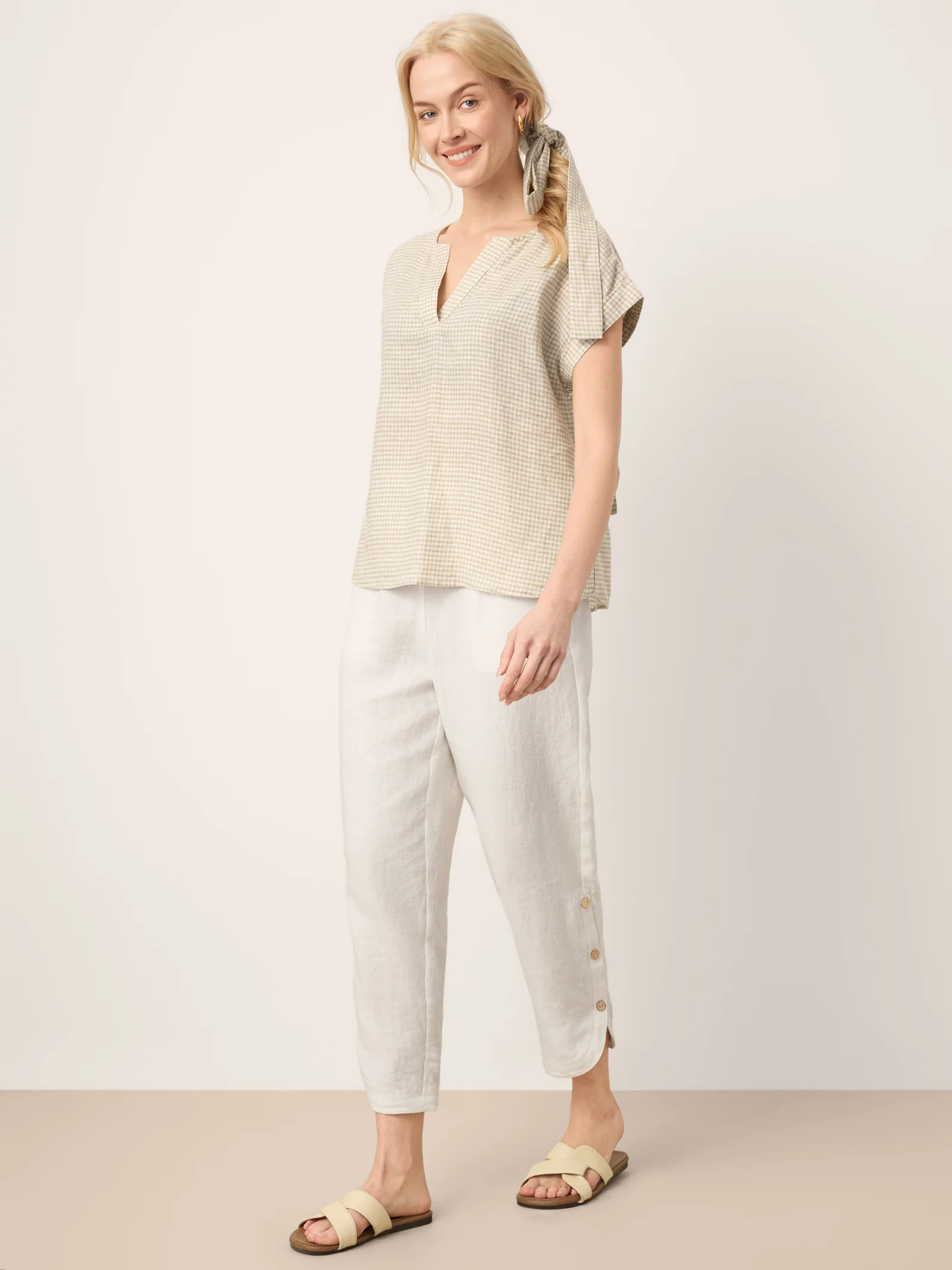 100% Linen Plaid Detachable Tie-Belt Split-Neck Top LEXIE - Image 11