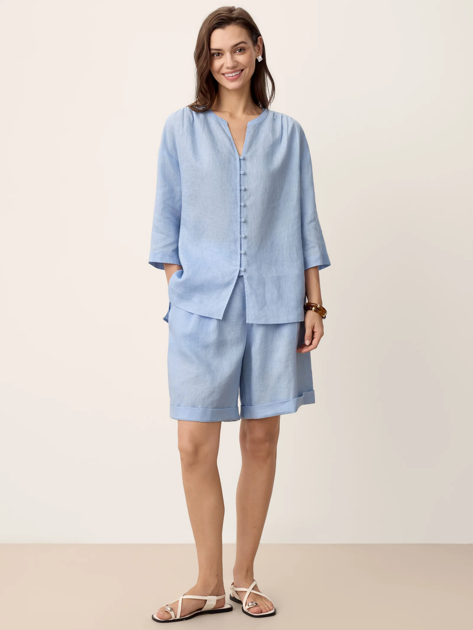 100% Linen Pleated Cuffed Shorts IRISSA - Image 8