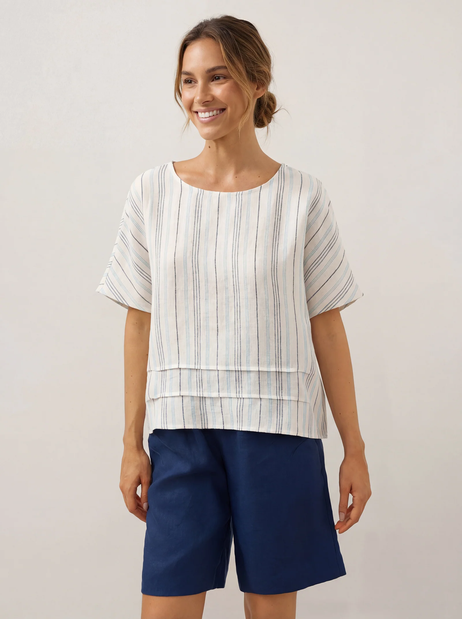 100% Linen Pleated Striped Pullover Top VIA