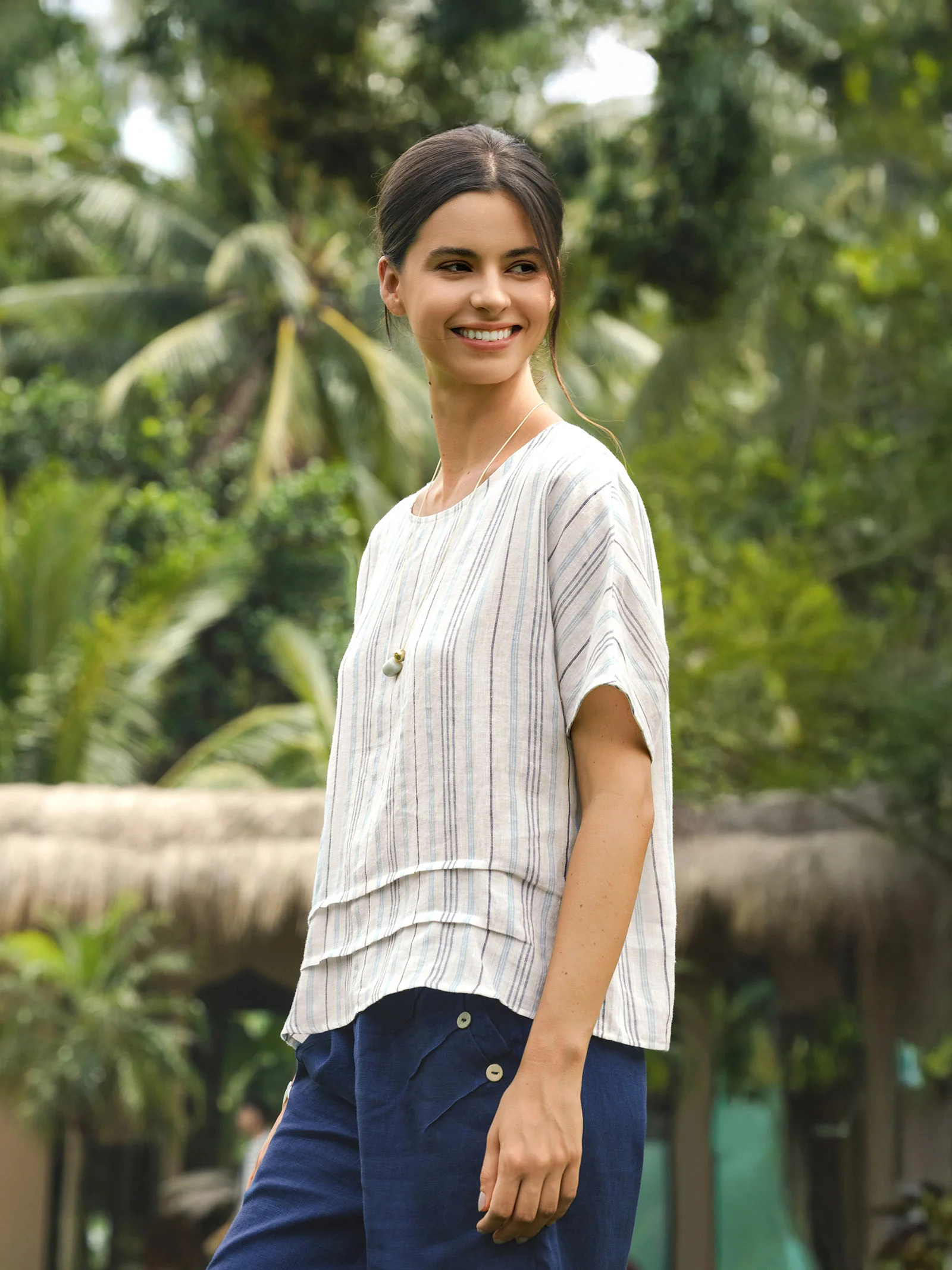 100% Linen Pleated Striped Pullover Top VIA - Image 2