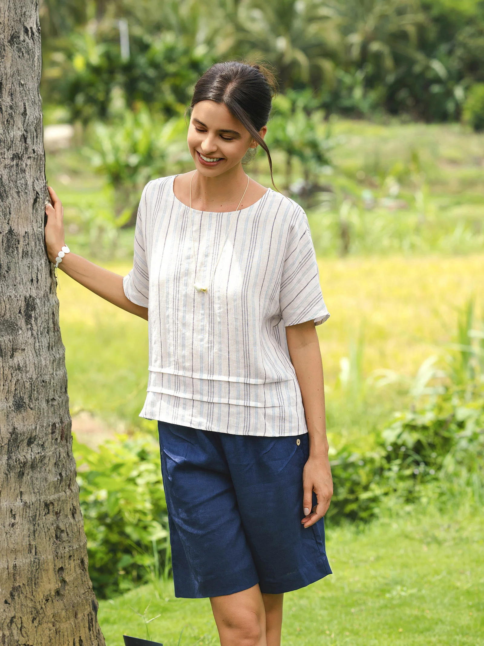 100% Linen Pleated Striped Pullover Top VIA - Image 3