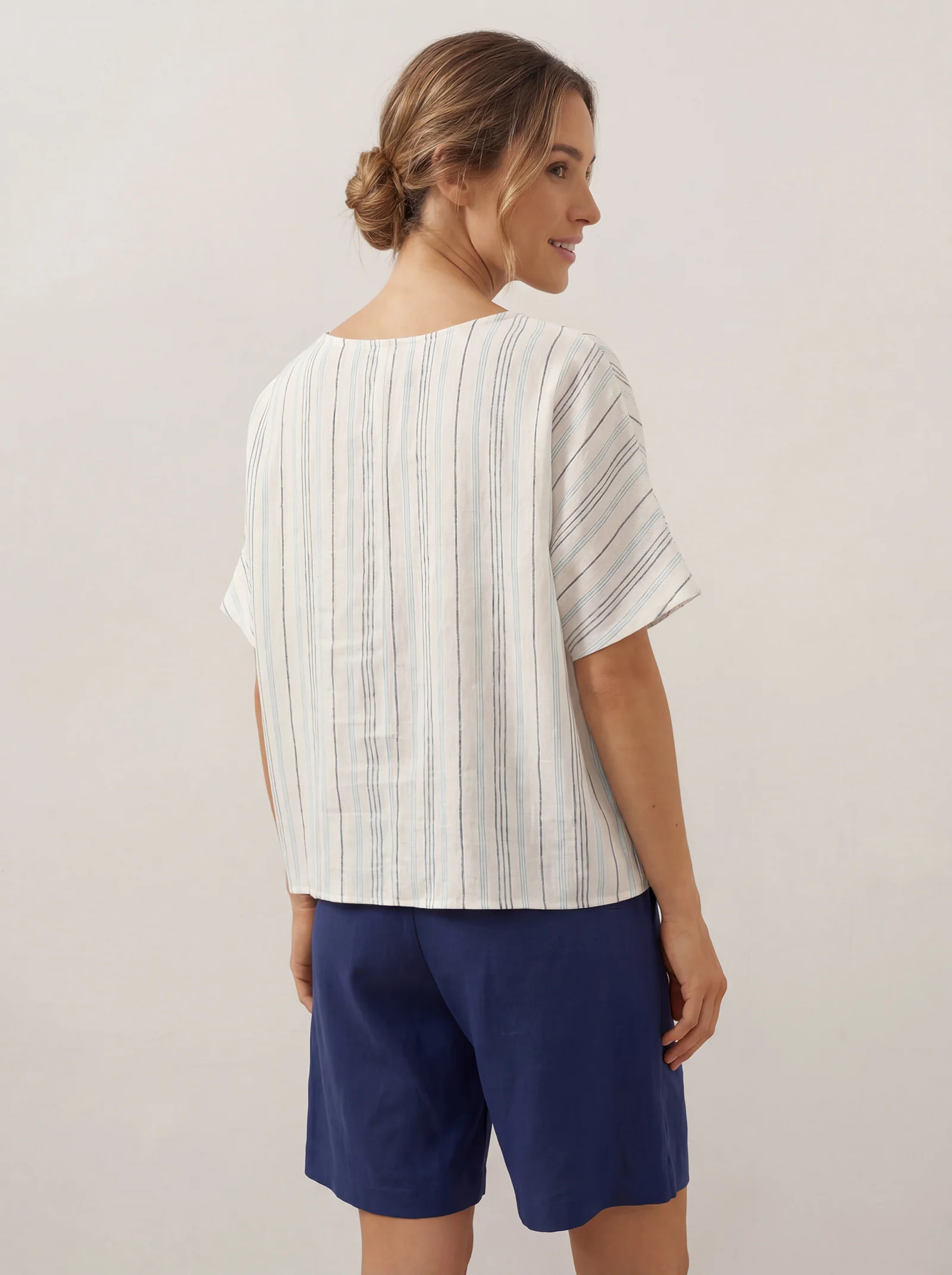 100% Linen Pleated Striped Pullover Top VIA - Image 4