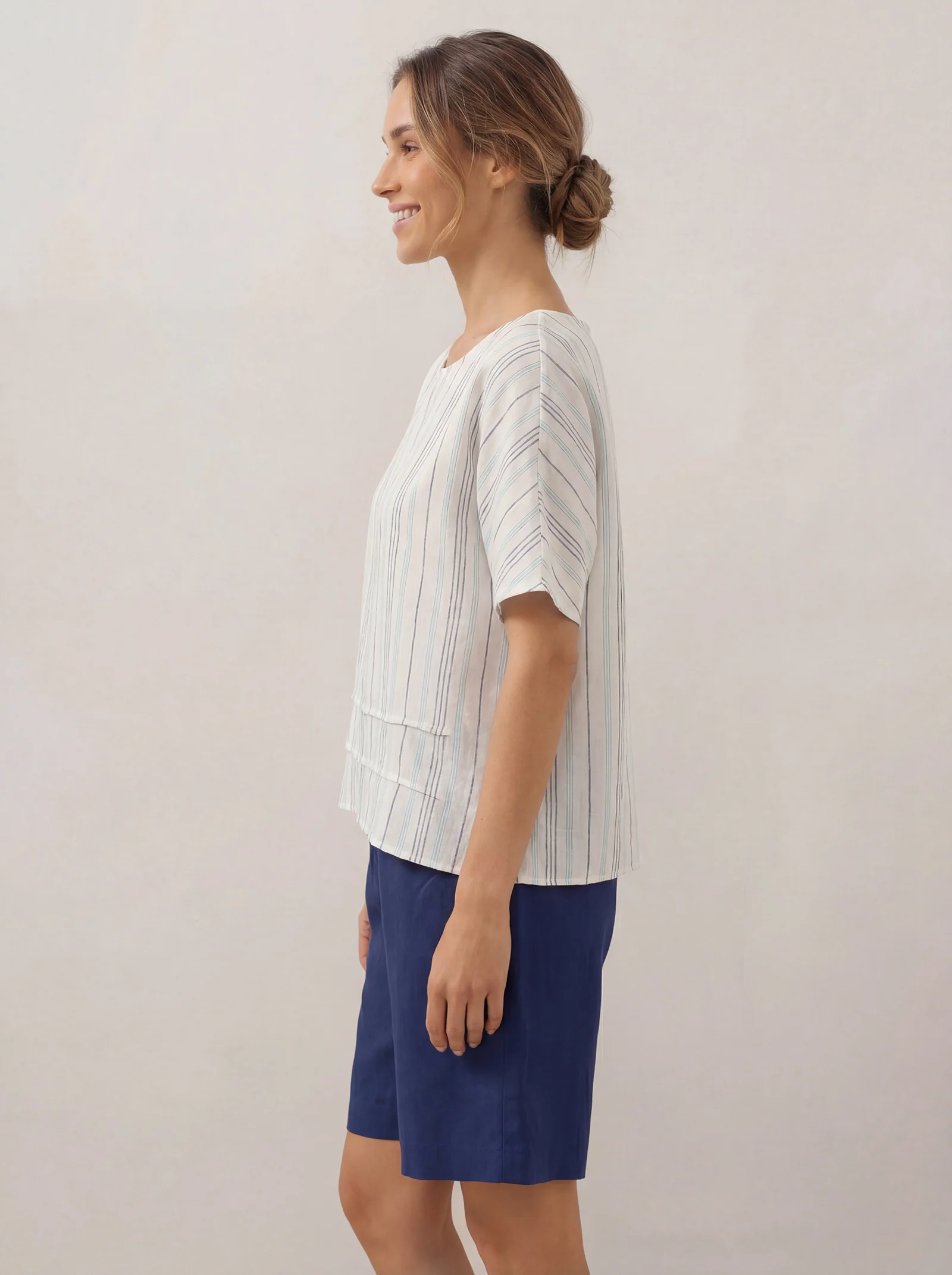 100% Linen Pleated Striped Pullover Top VIA - Image 5
