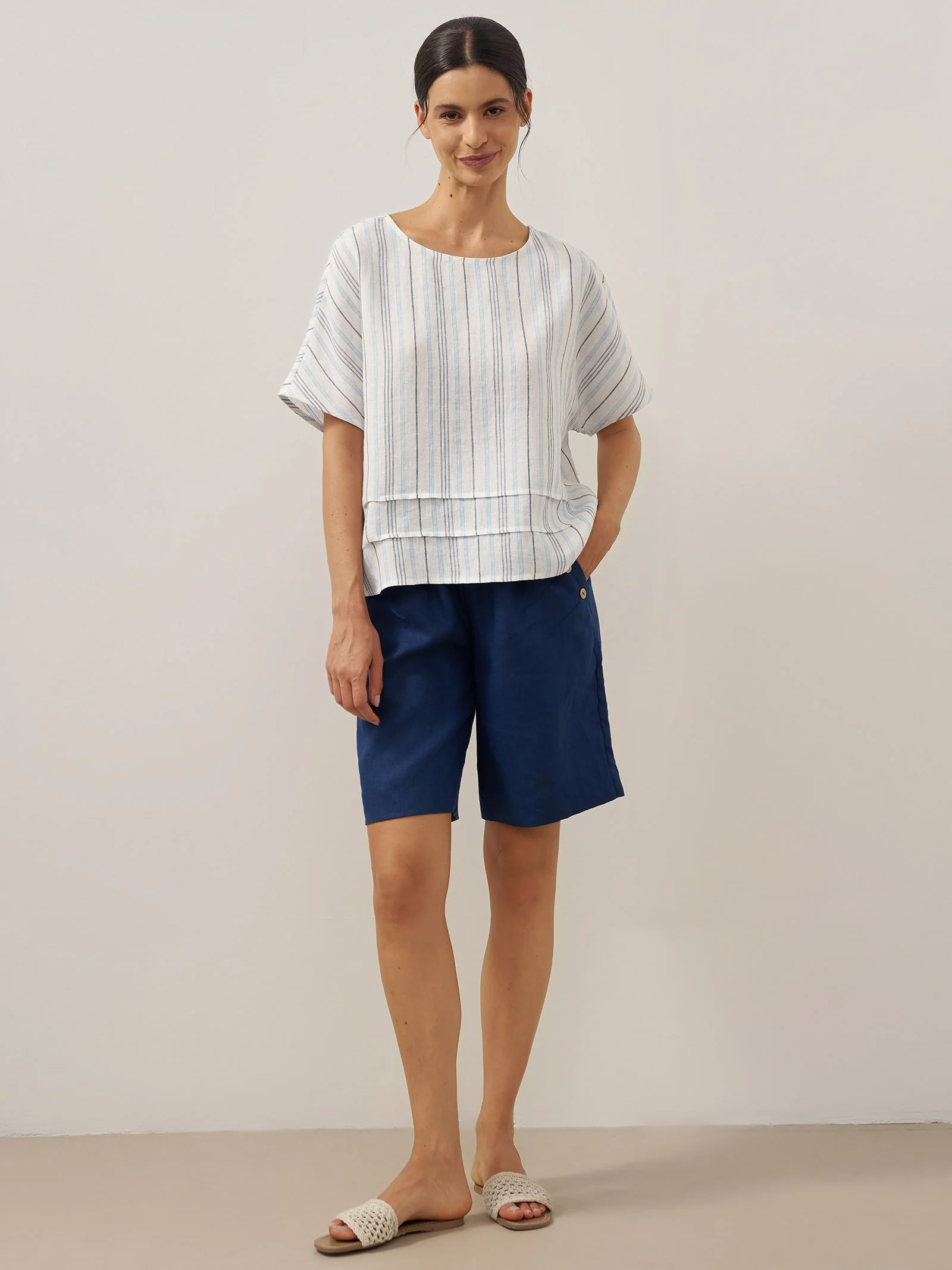 100% Linen Pleated Striped Pullover Top VIA - Image 6