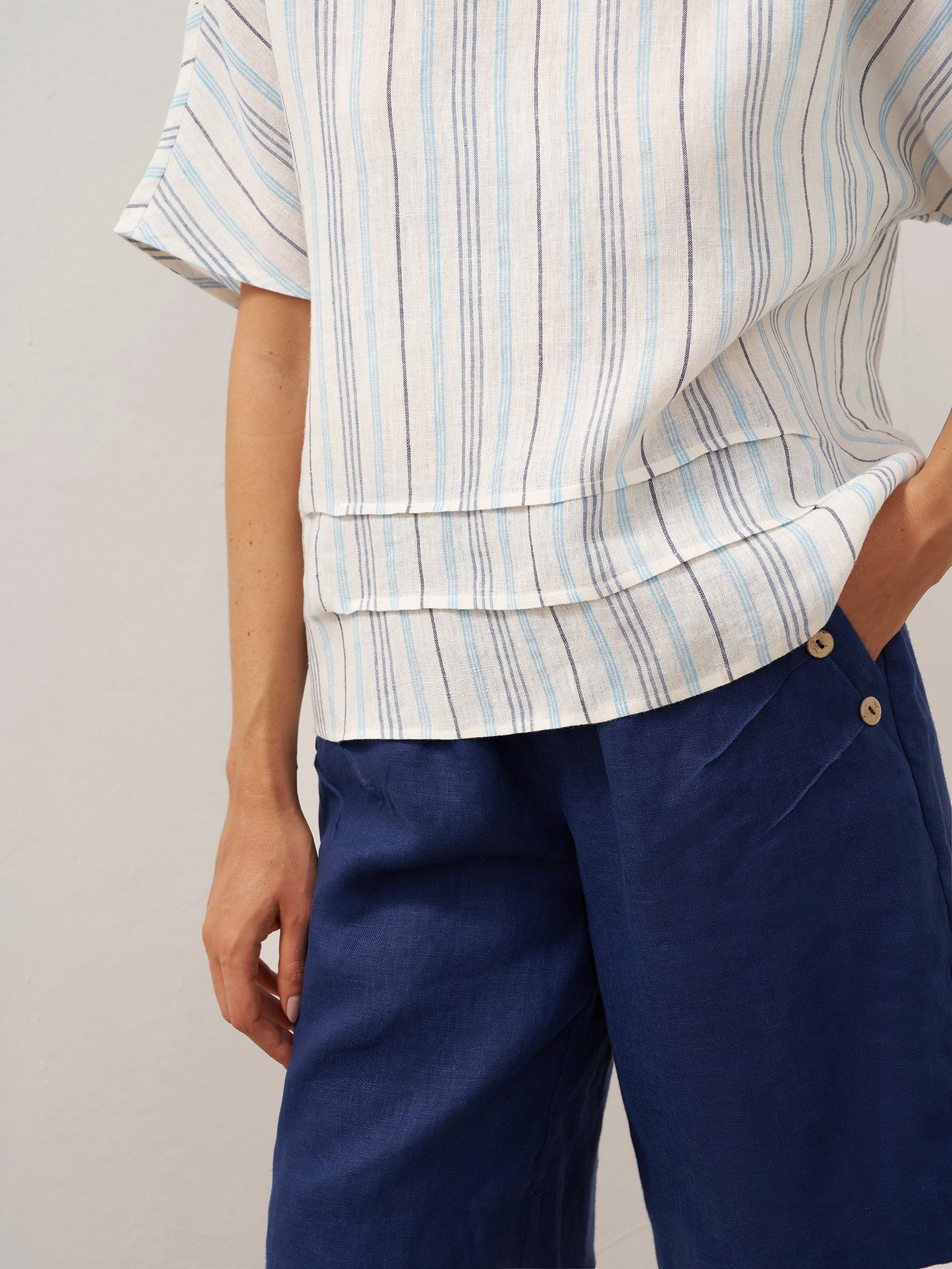 100% Linen Pleated Striped Pullover Top VIA - Image 9