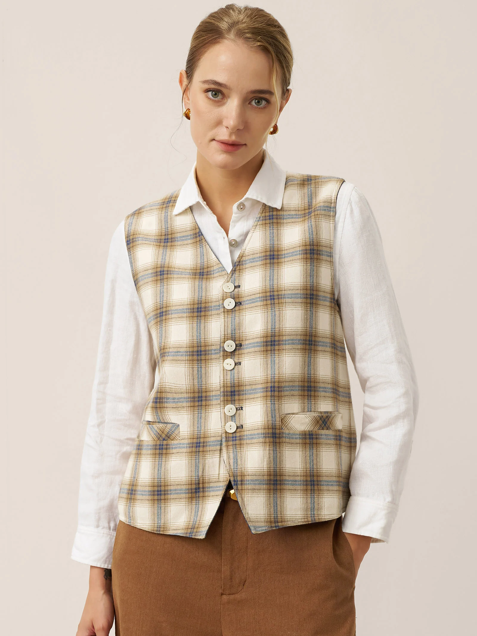 100% Linen Reversible Denim Texture Button Front Vest HARPER - Image 2