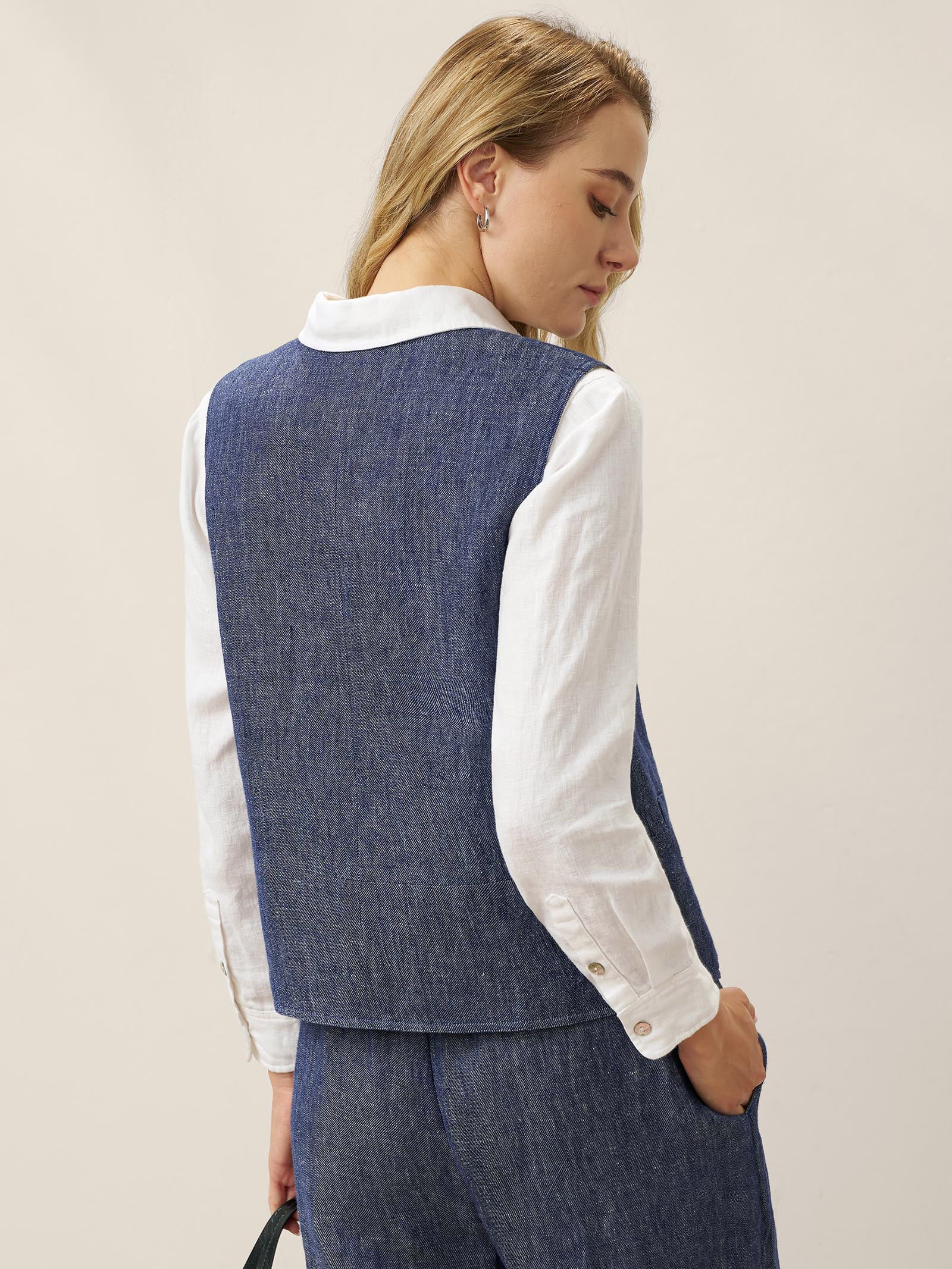 100% Linen Reversible Denim Texture Button Front Vest HARPER - Image 6