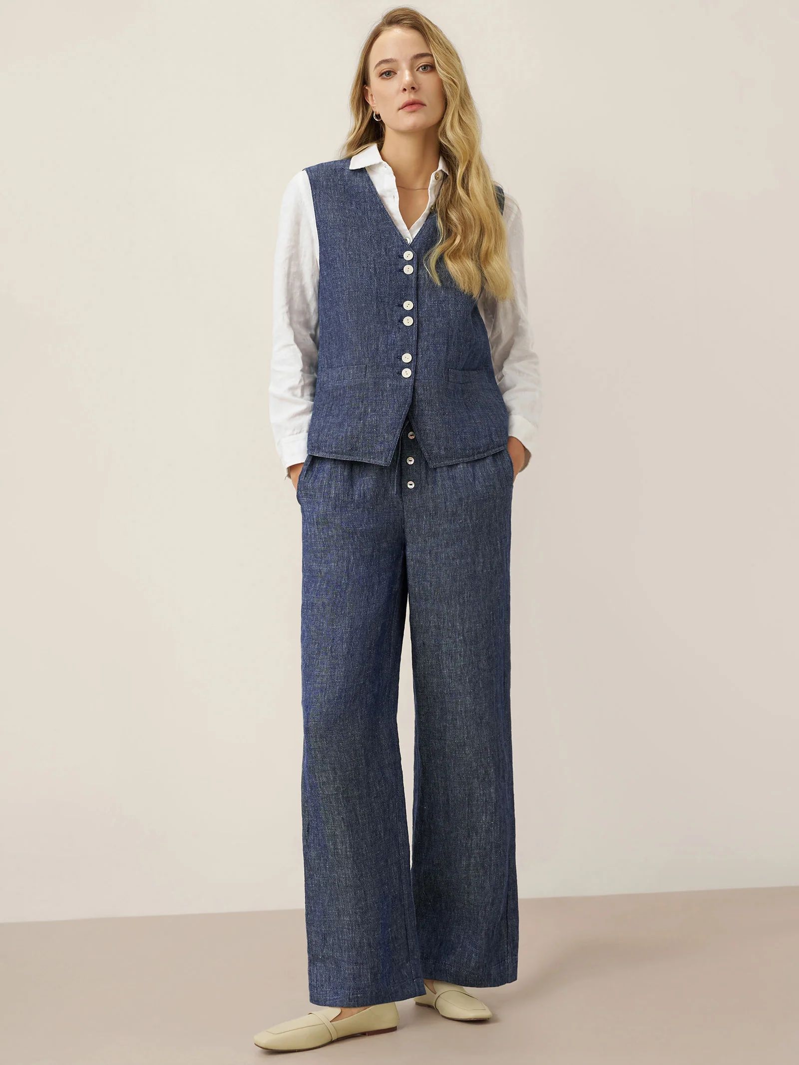 100% Linen Reversible Denim Texture Button Front Vest HARPER - Image 7
