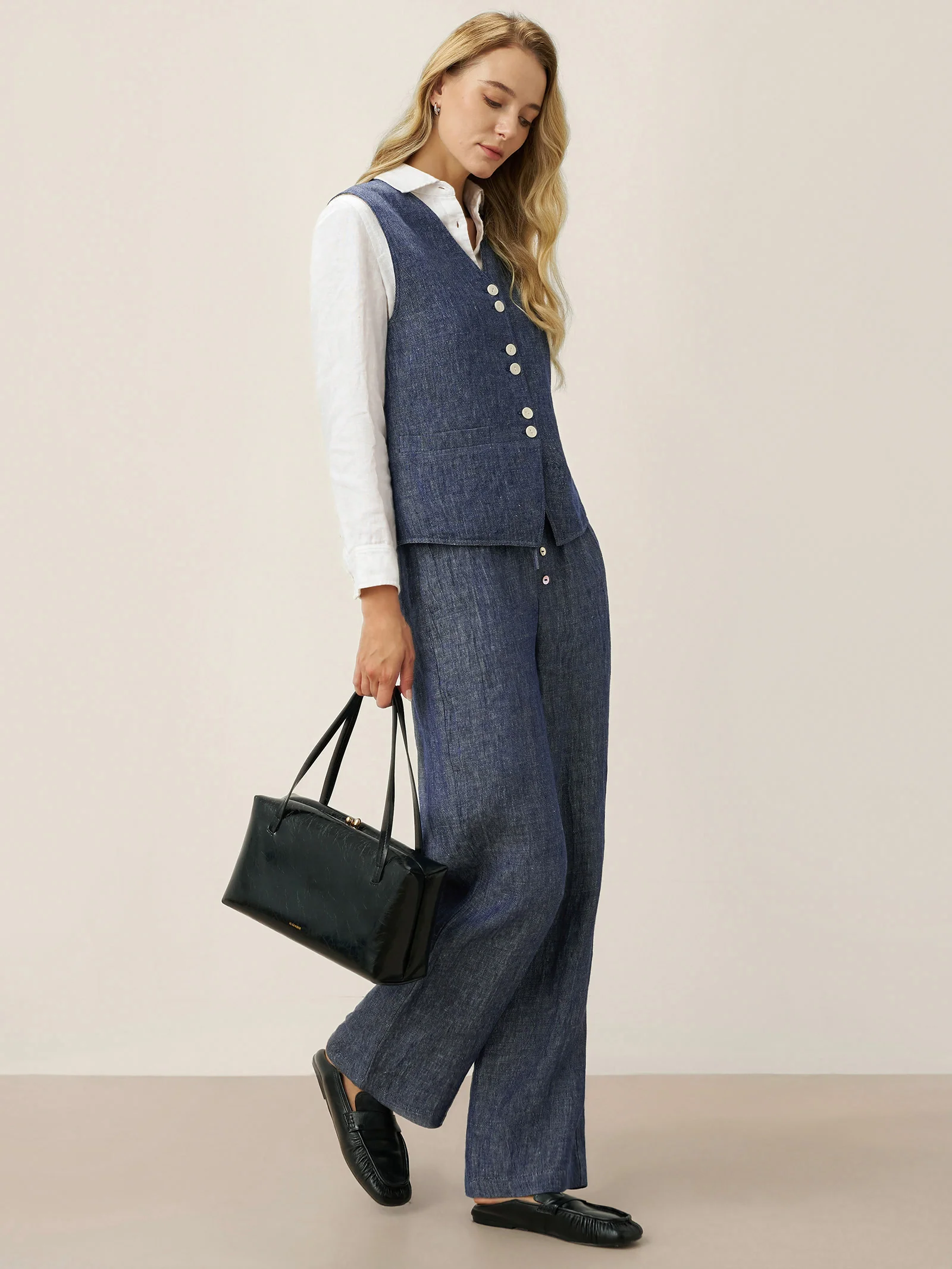 100% Linen Reversible Denim Texture Button Front Vest HARPER - Image 8