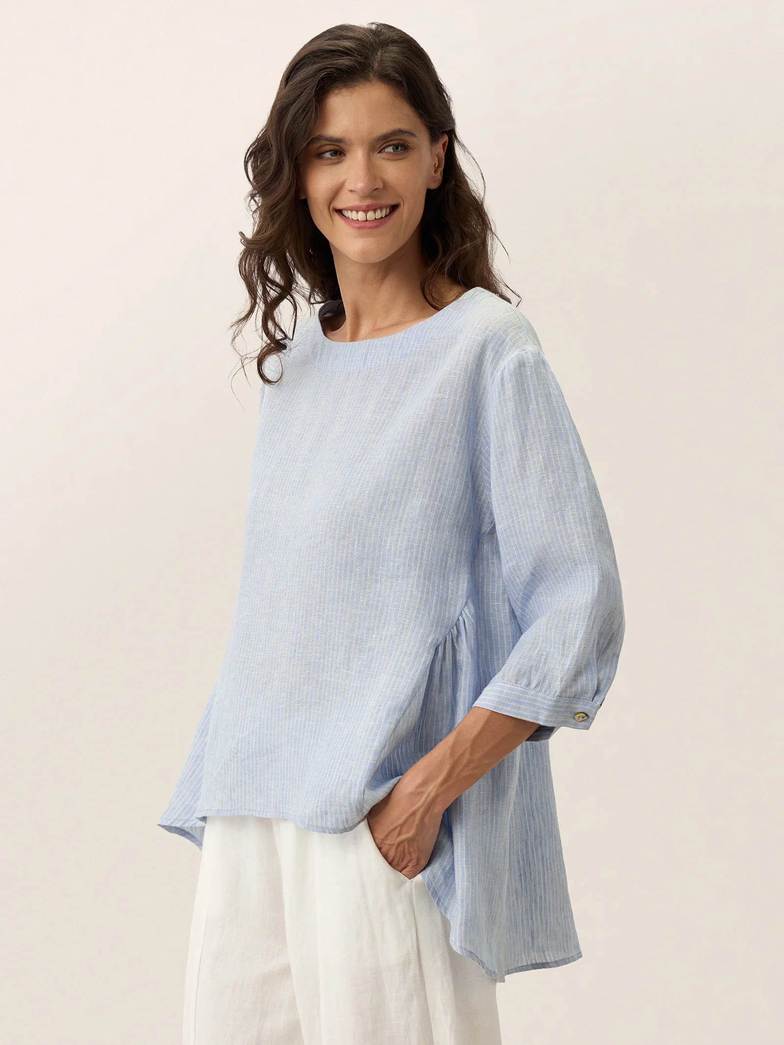 100% Linen Round Neck Artistic Stripe Top FLORENCE - Image 7