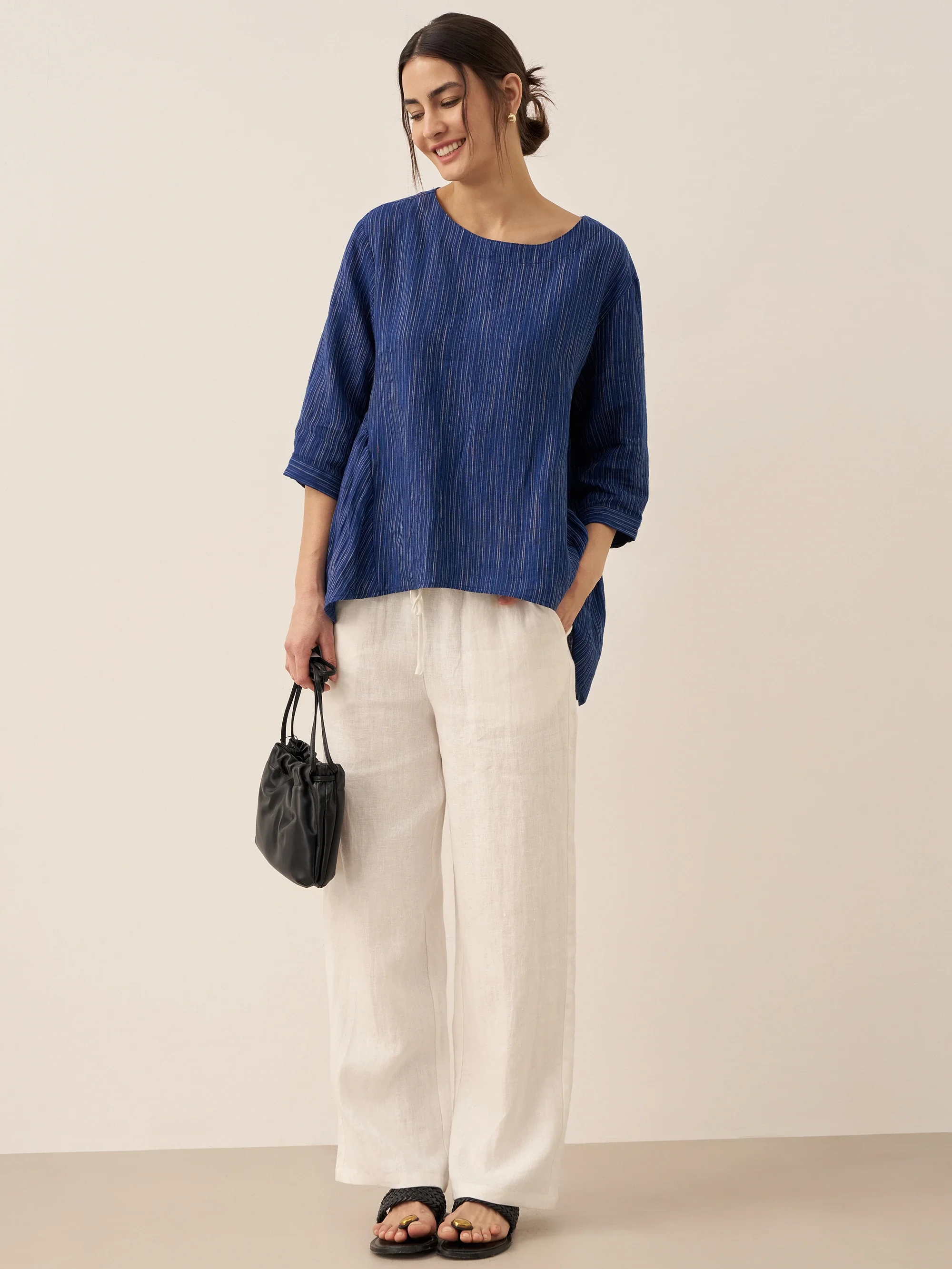 100% Linen Round Neck Artistic Stripe Top FLORENCE - Image 4
