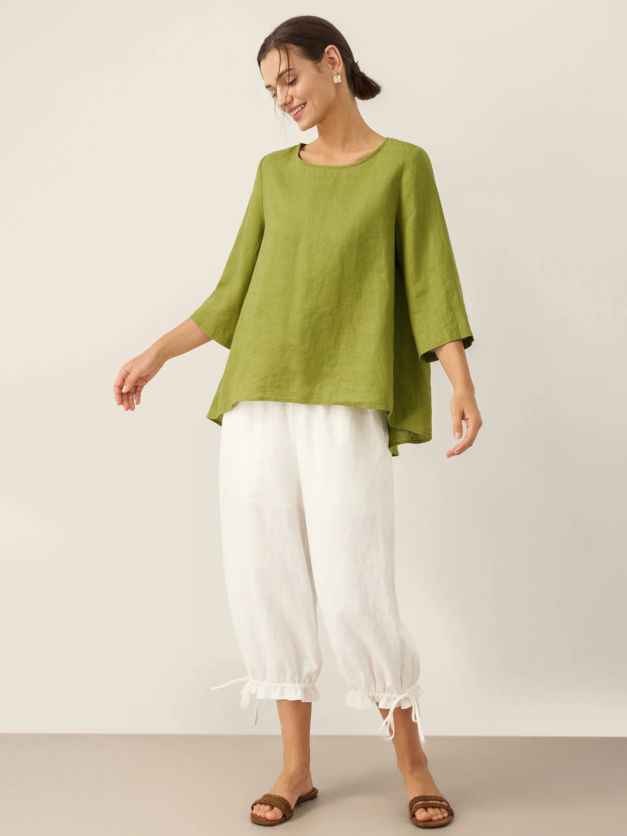100% Linen Round Neck Asymmetrical Hem Top BRIANNA - Image 11