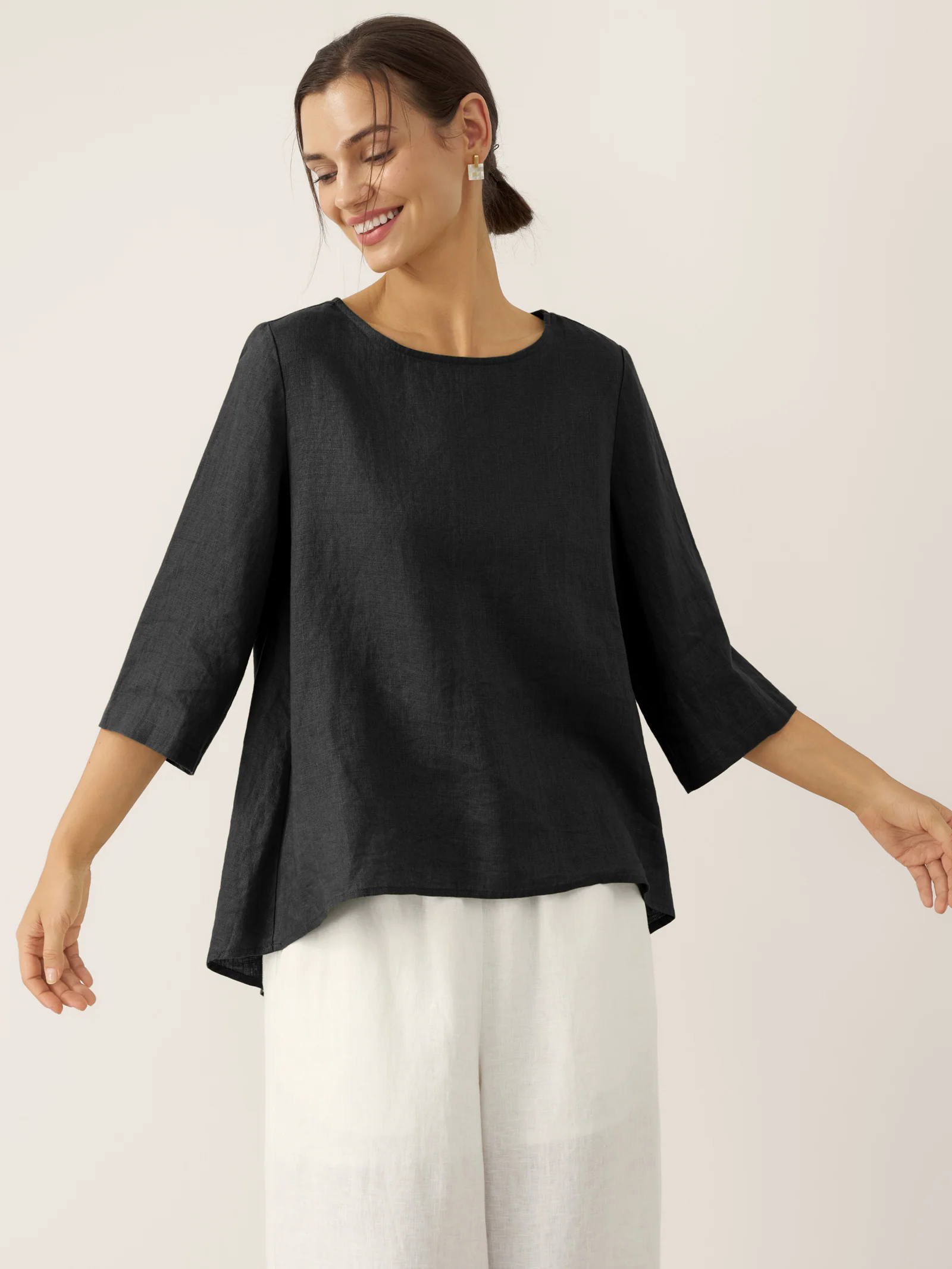 100% Linen Round Neck Asymmetrical Hem Top BRIANNA - Image 15