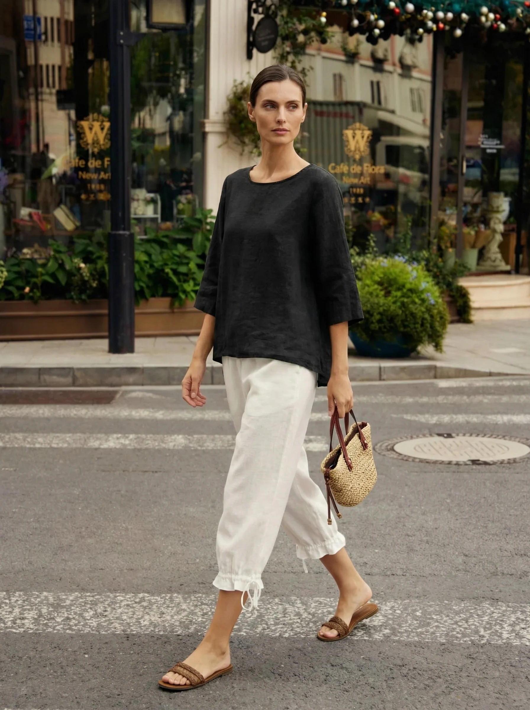 100% Linen Round Neck Asymmetrical Hem Top BRIANNA - Image 16