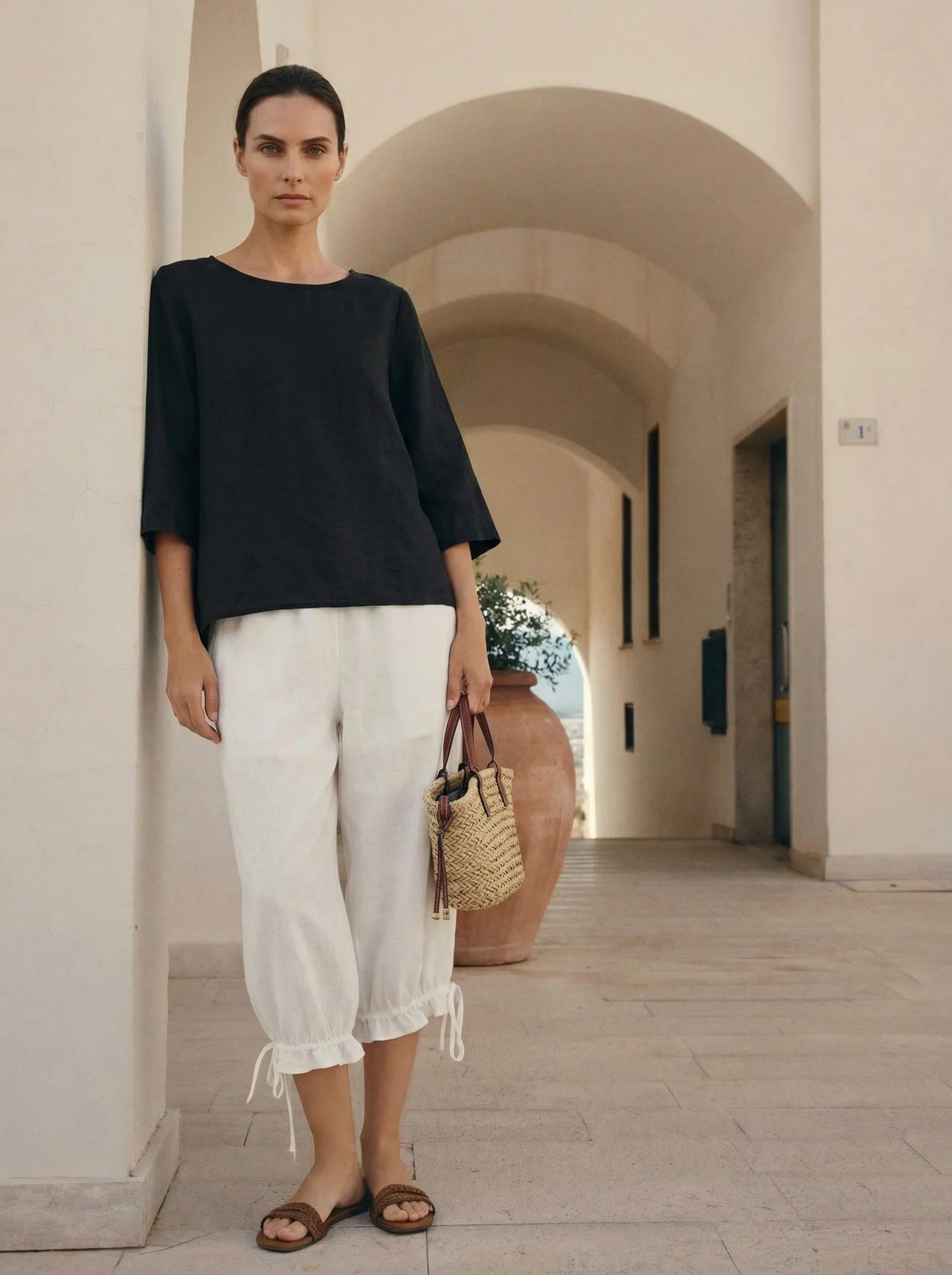 100% Linen Round Neck Asymmetrical Hem Top BRIANNA - Image 17