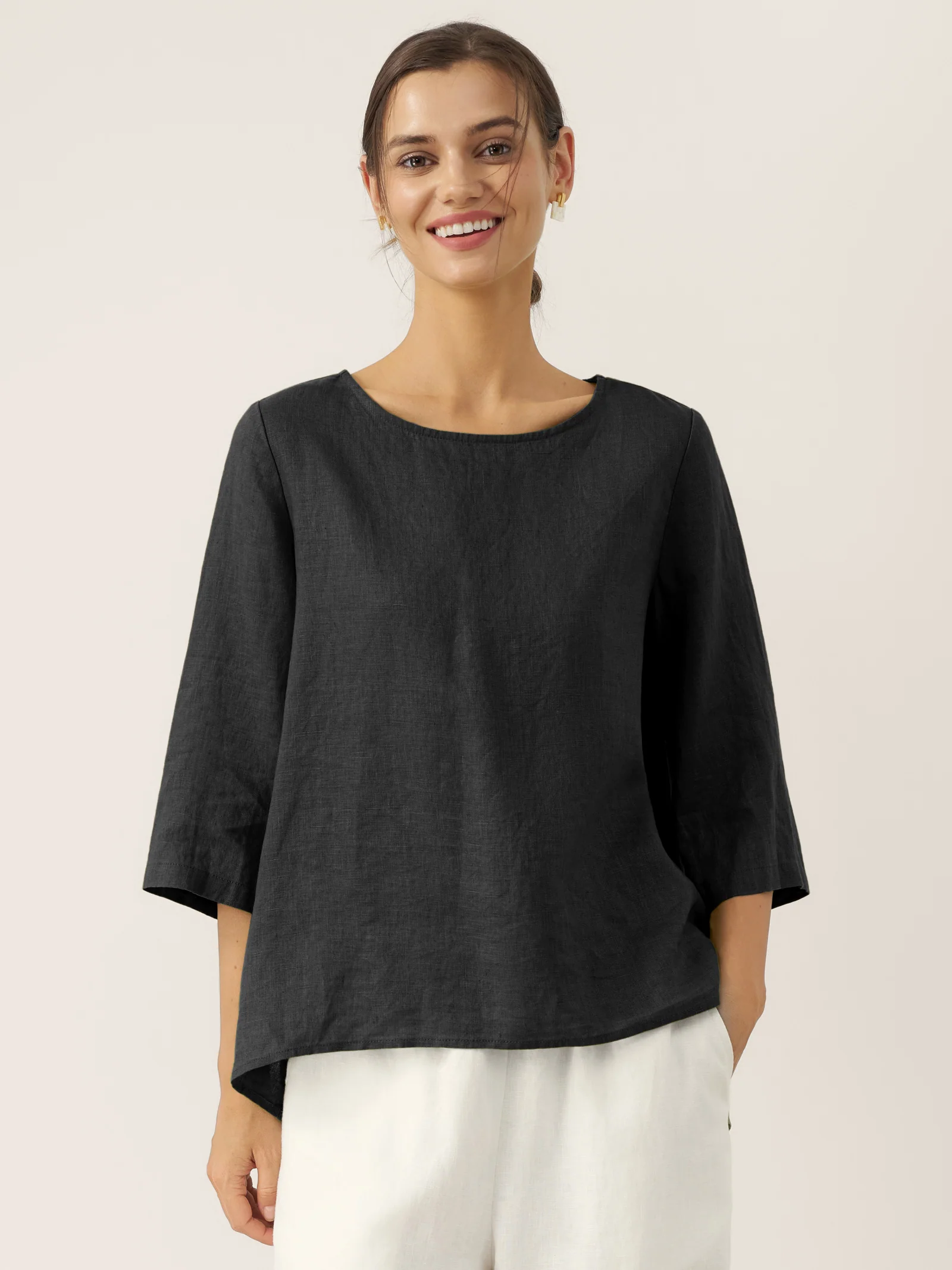 100% Linen Round Neck Asymmetrical Hem Top BRIANNA - Image 19