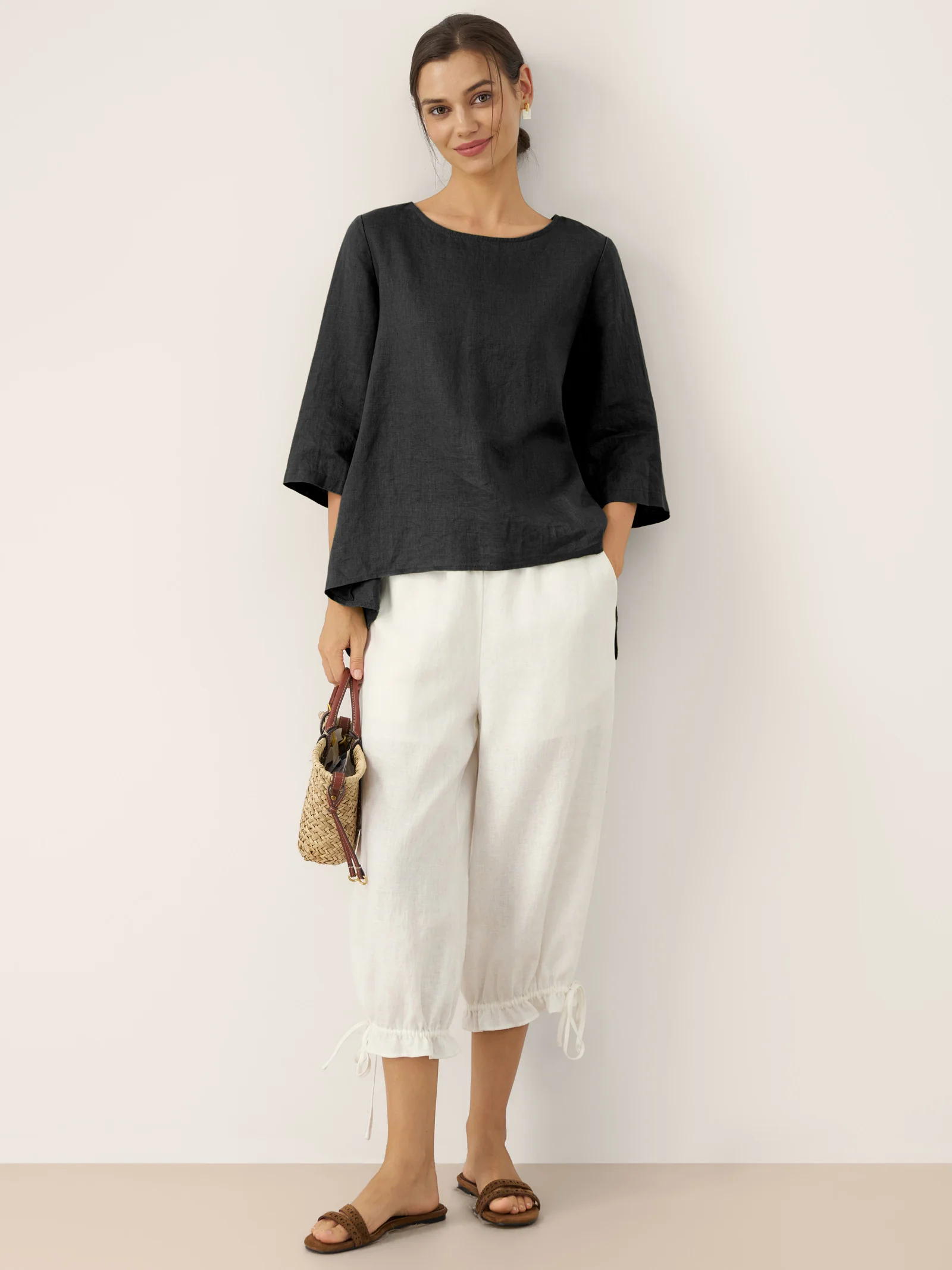 100% Linen Round Neck Asymmetrical Hem Top BRIANNA - Image 20