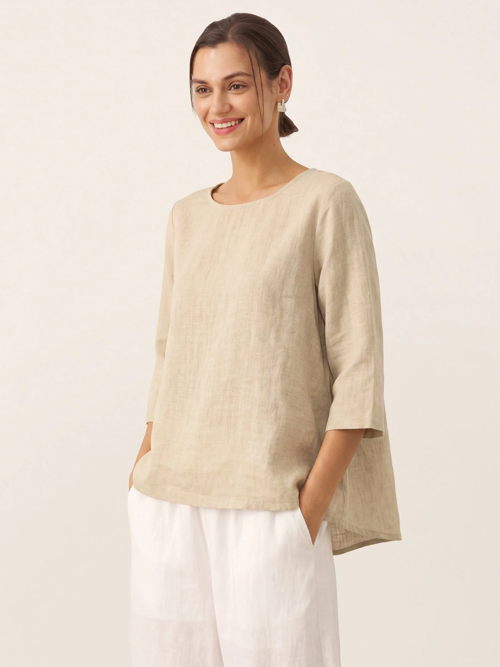 100% Linen Round Neck Asymmetrical Hem Top BRIANNA - Image 21