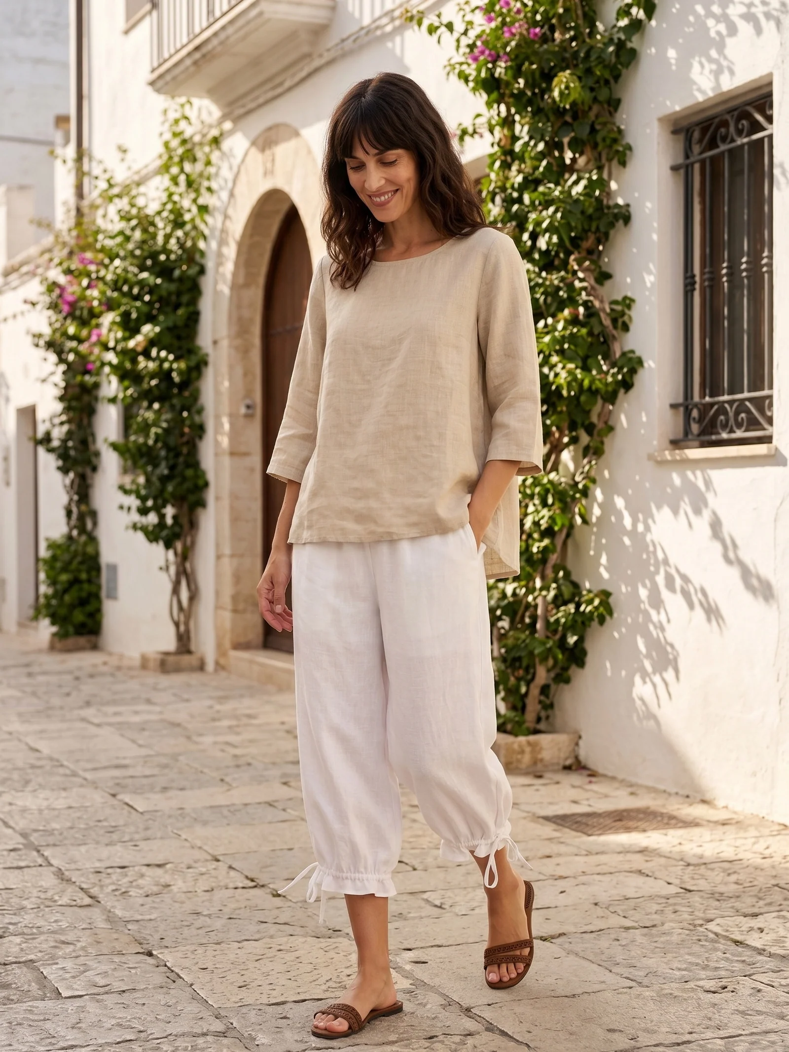 100% Linen Round Neck Asymmetrical Hem Top BRIANNA - Image 23