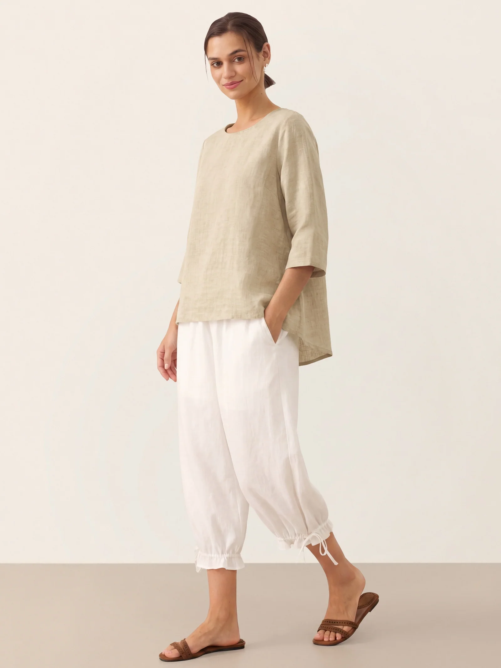 100% Linen Round Neck Asymmetrical Hem Top BRIANNA - Image 28