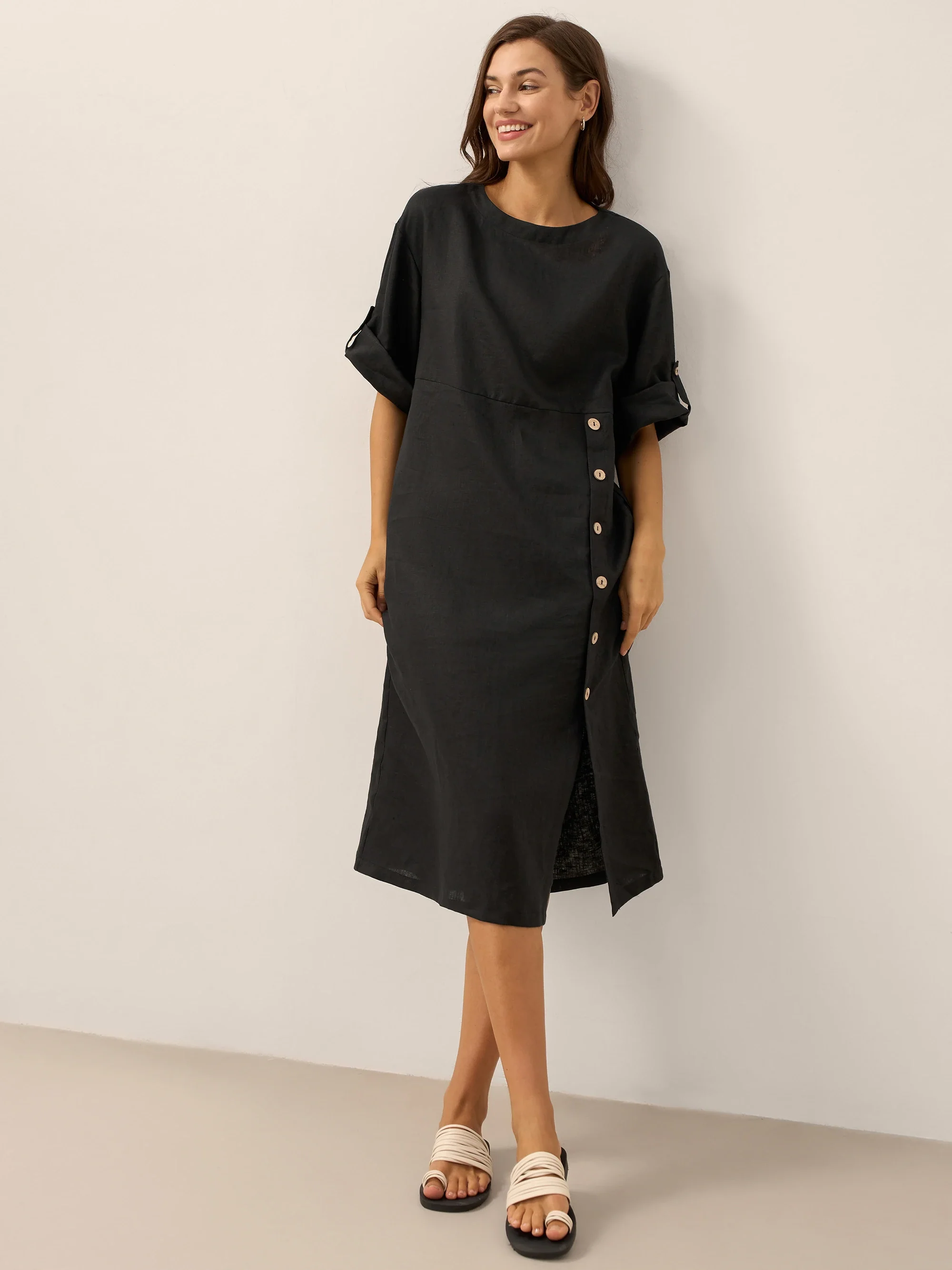 100% Linen Round Neck Button Detail Midi Dress JELENA - Image 4