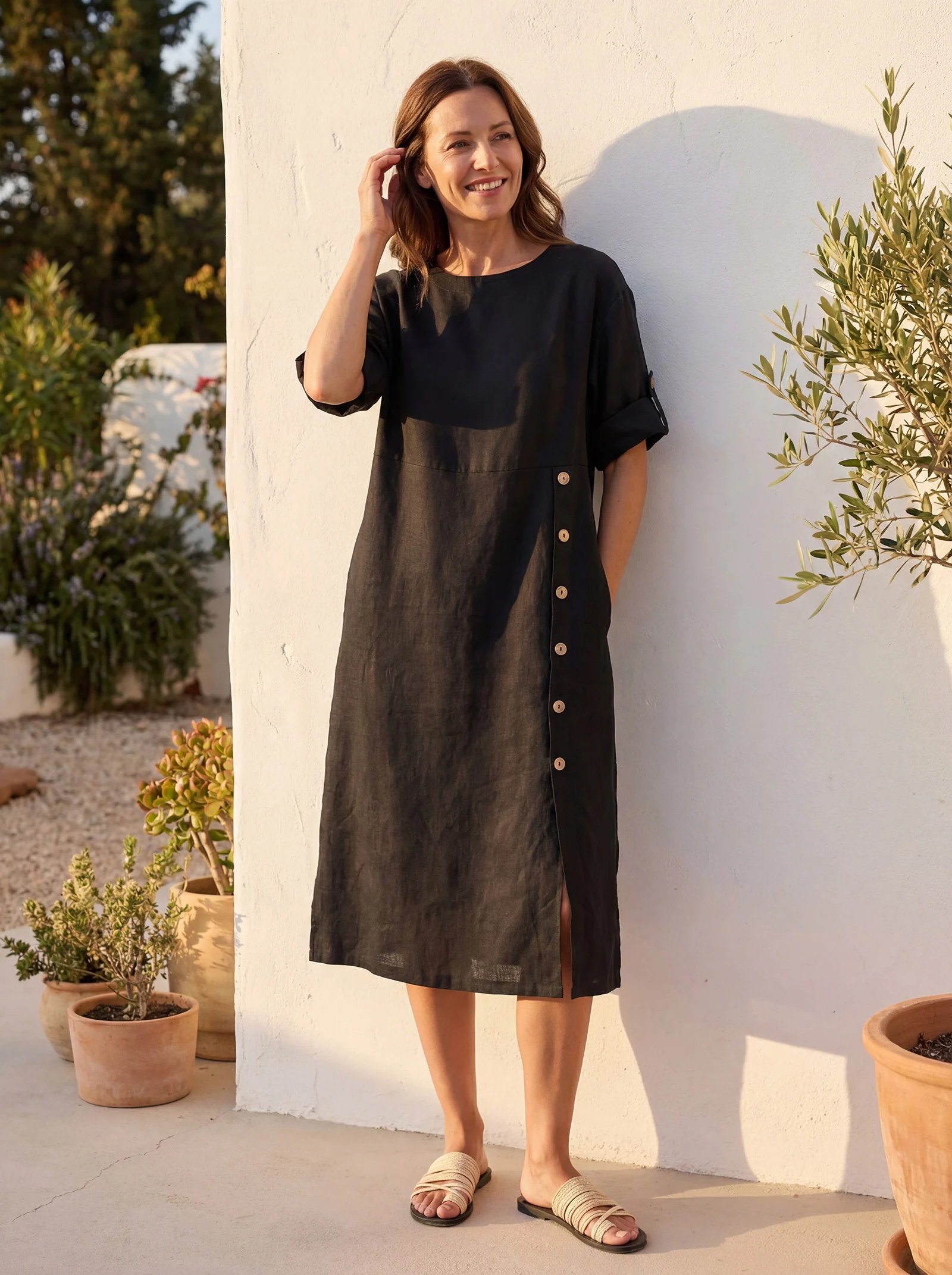 100% Linen Round Neck Button Detail Midi Dress JELENA - Image 2