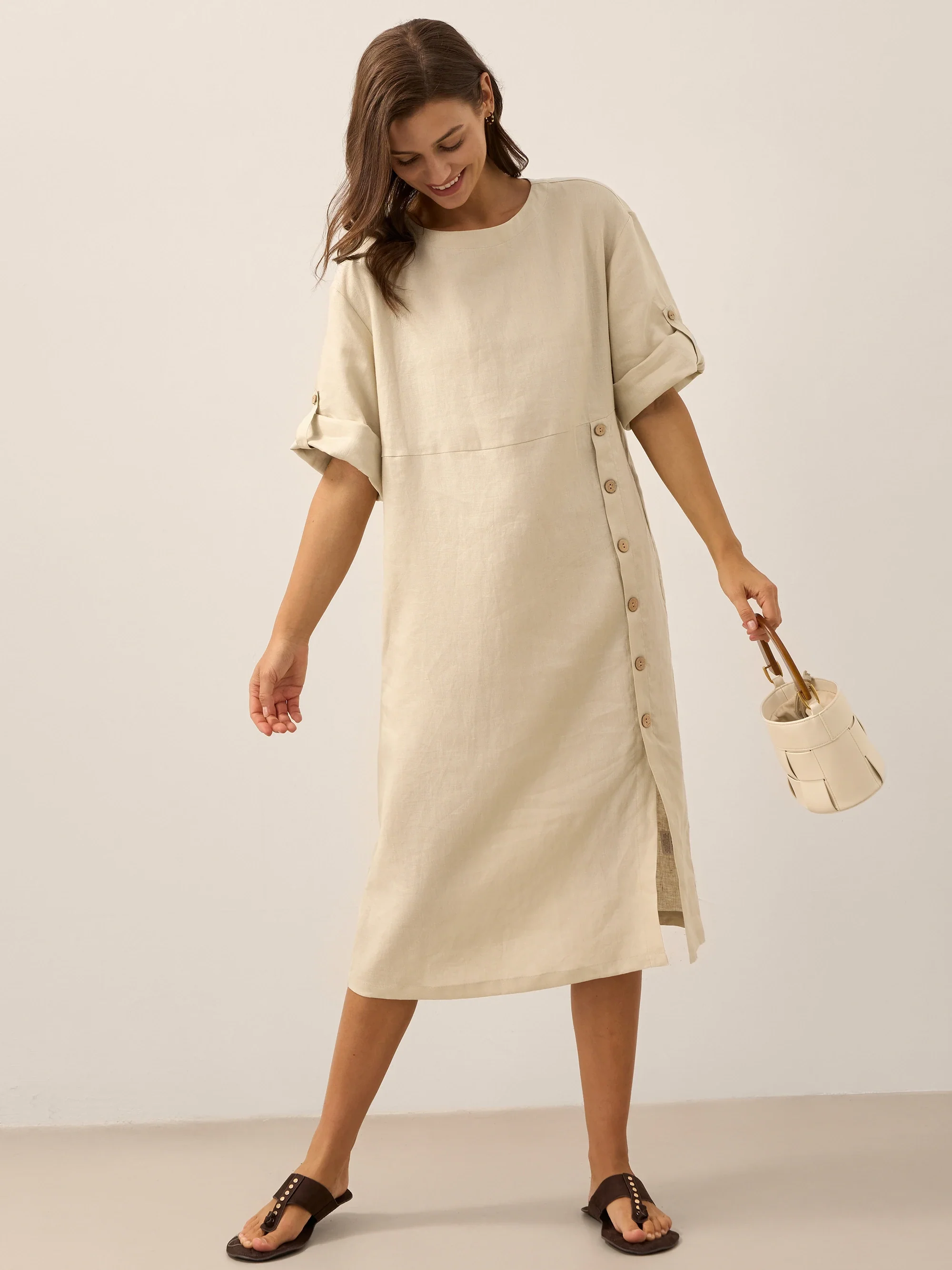 100% Linen Round Neck Button Detail Midi Dress JELENA - Image 20