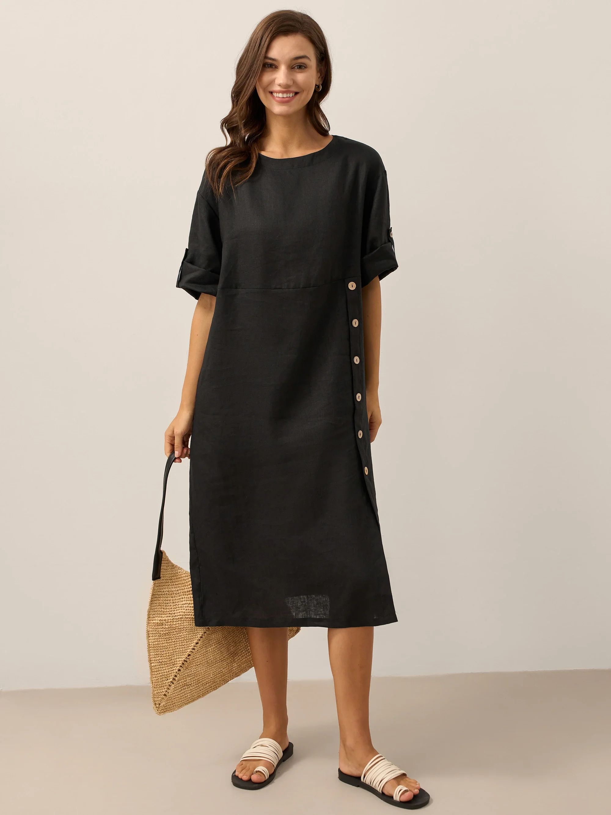 100% Linen Round Neck Button Detail Midi Dress JELENA - Image 2