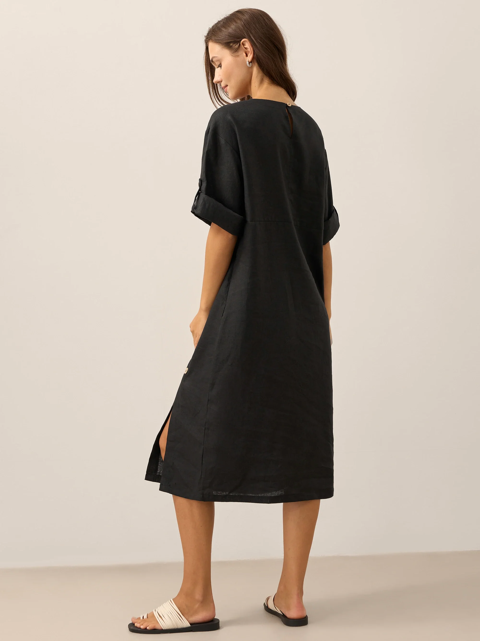 100% Linen Round Neck Button Detail Midi Dress JELENA - Image 3