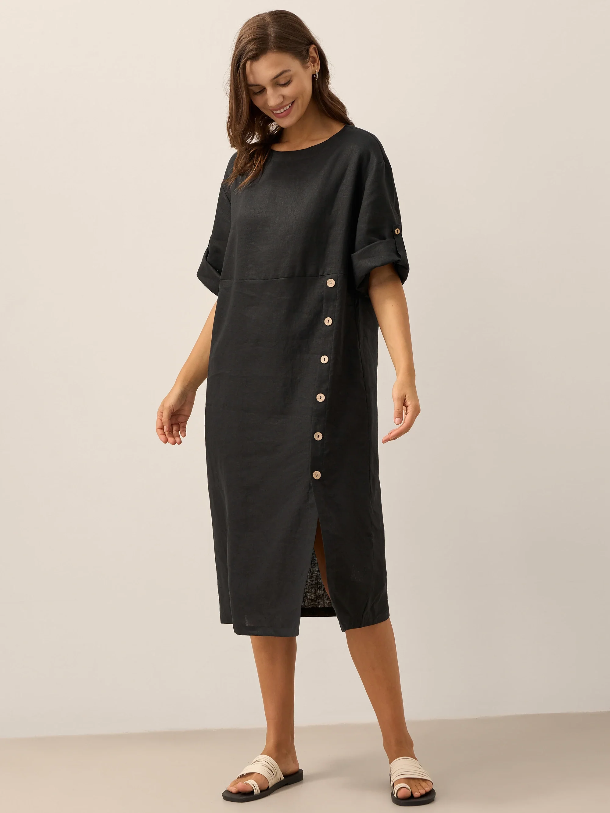100% Linen Round Neck Button Detail Midi Dress JELENA - Image 5