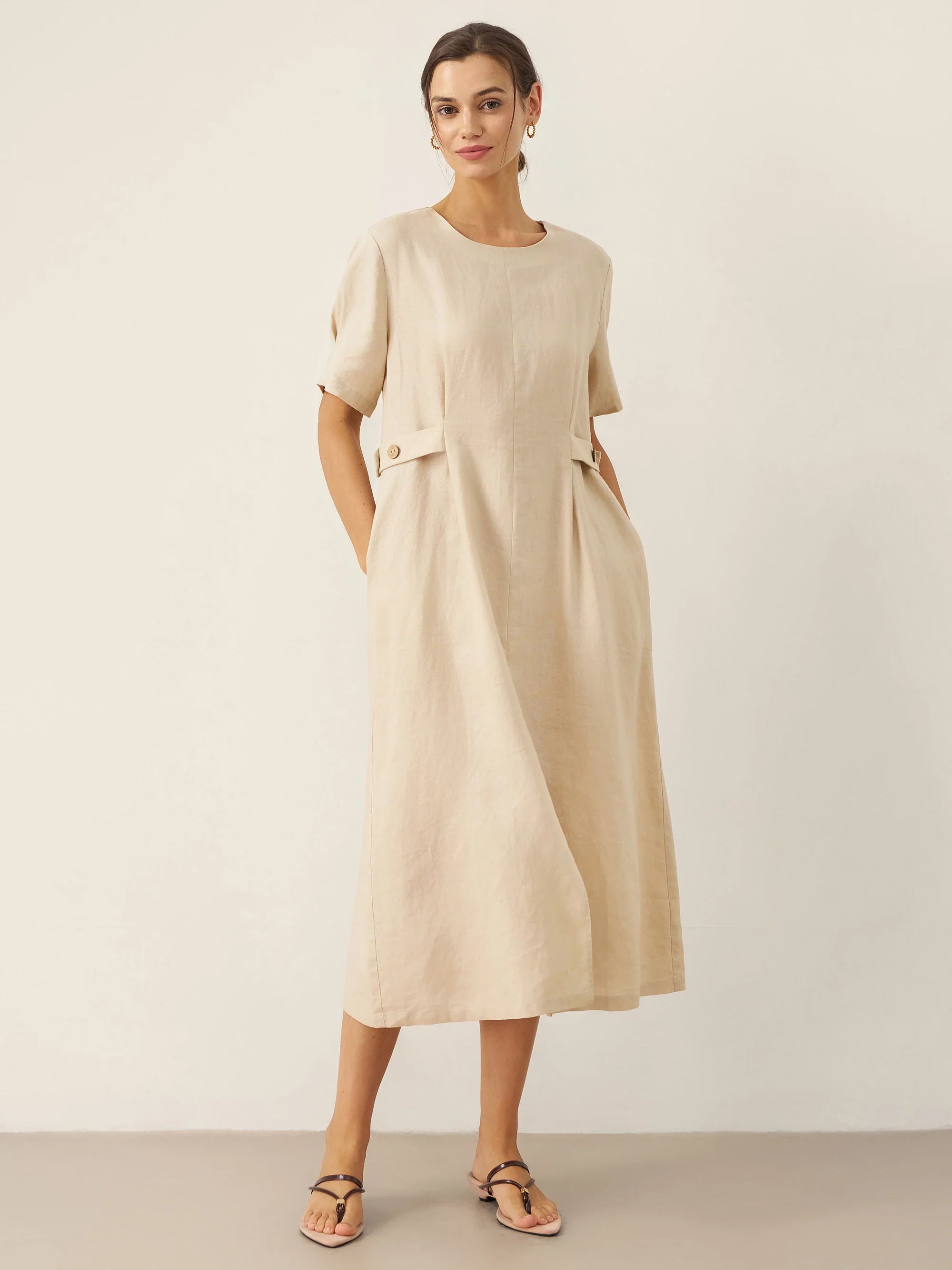 100% Linen Round Neck Button-Tie Maxi Dress XANDRA