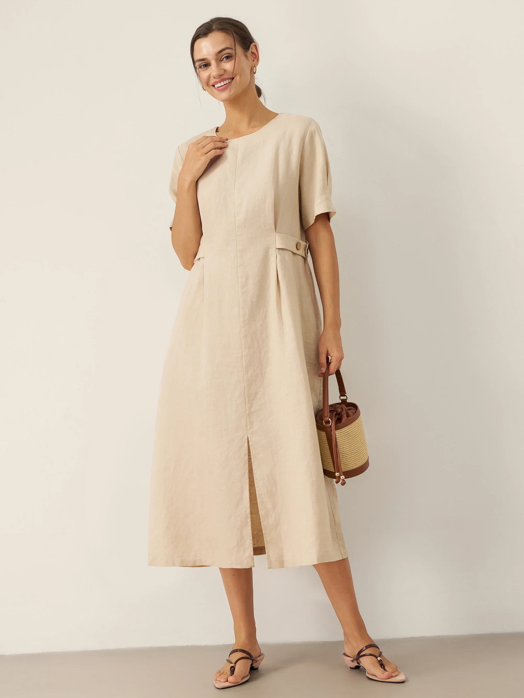100% Linen Round Neck Button-Tie Maxi Dress XANDRA - Image 2