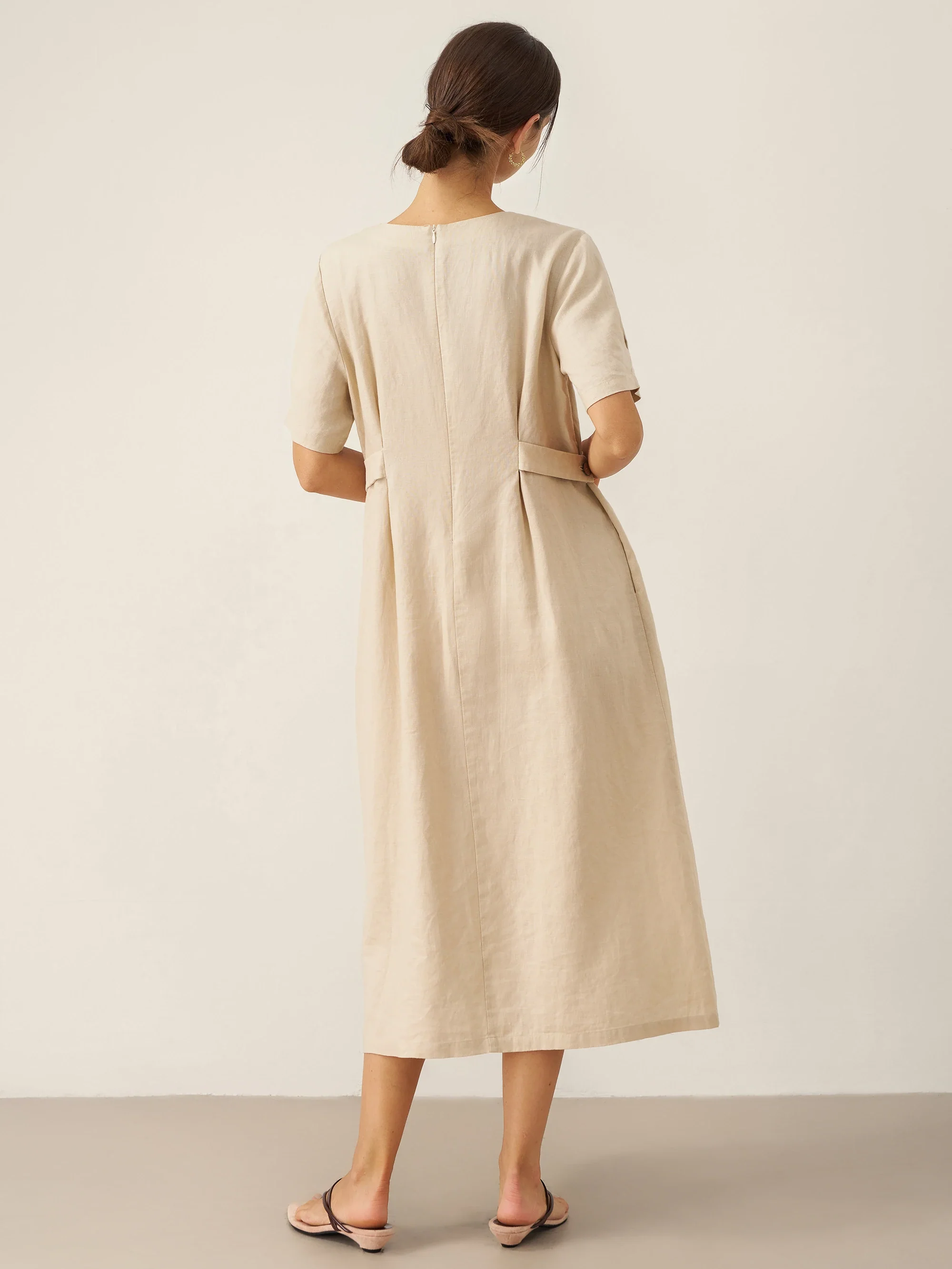 100% Linen Round Neck Button-Tie Maxi Dress XANDRA - Image 3