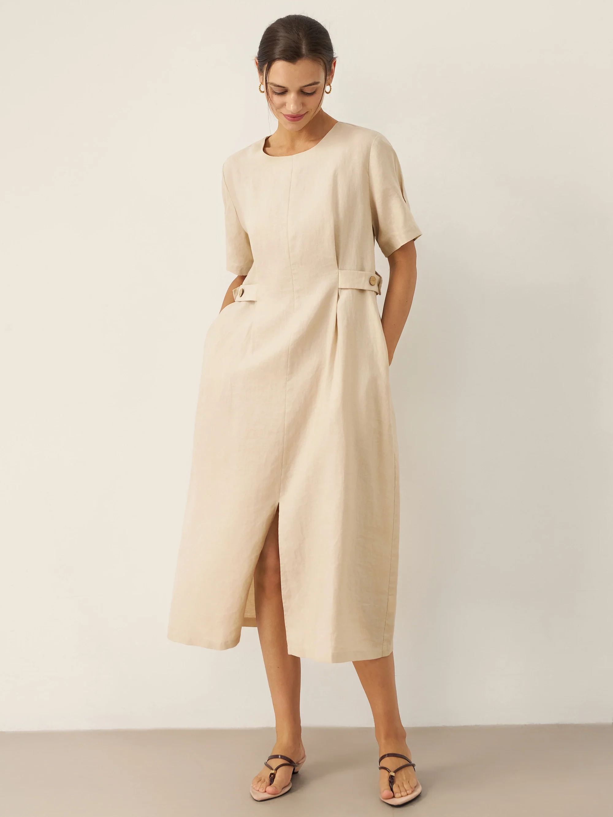 100% Linen Round Neck Button-Tie Maxi Dress XANDRA - Image 4
