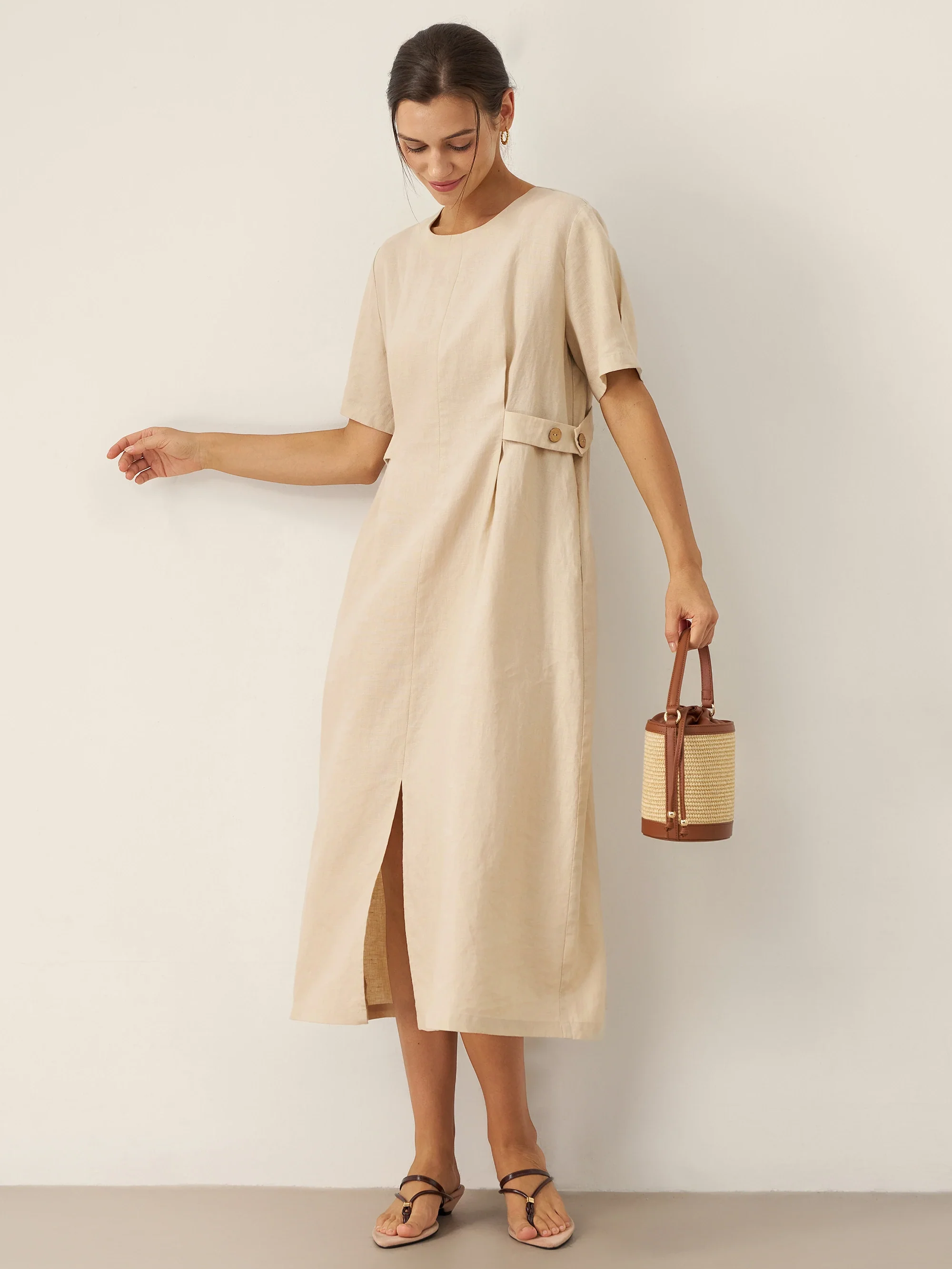 100% Linen Round Neck Button-Tie Maxi Dress XANDRA - Image 5