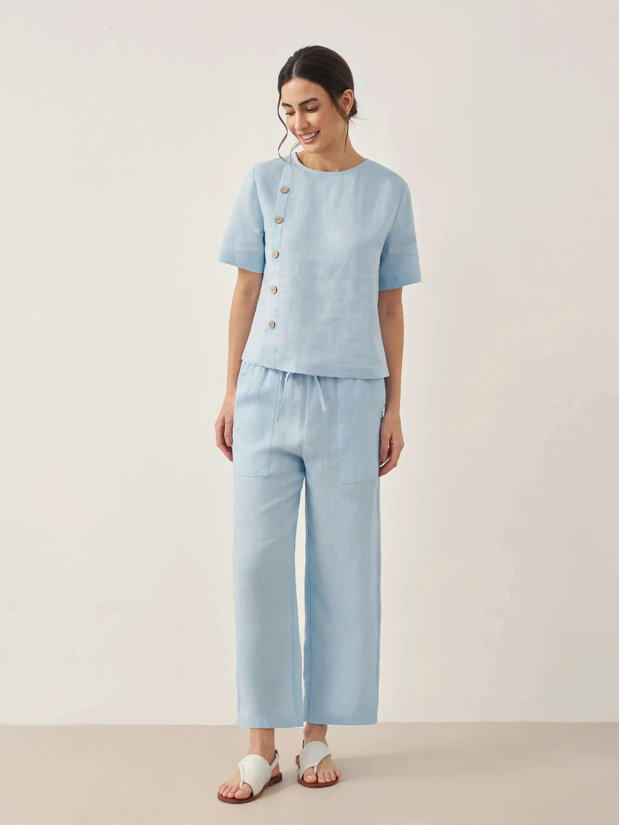 100% Linen Short-Sleeve Round Neck Button Detail Top & Pants Set JOSIE - Image 10