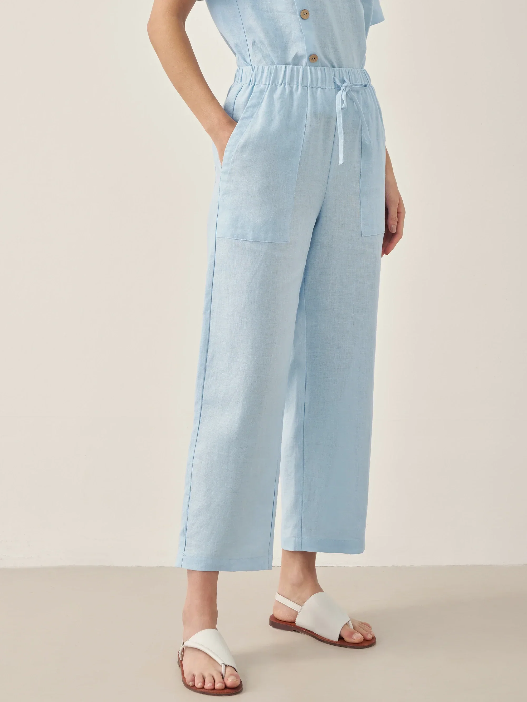 100% Linen Short-Sleeve Round Neck Button Detail Top & Pants Set JOSIE - Image 11