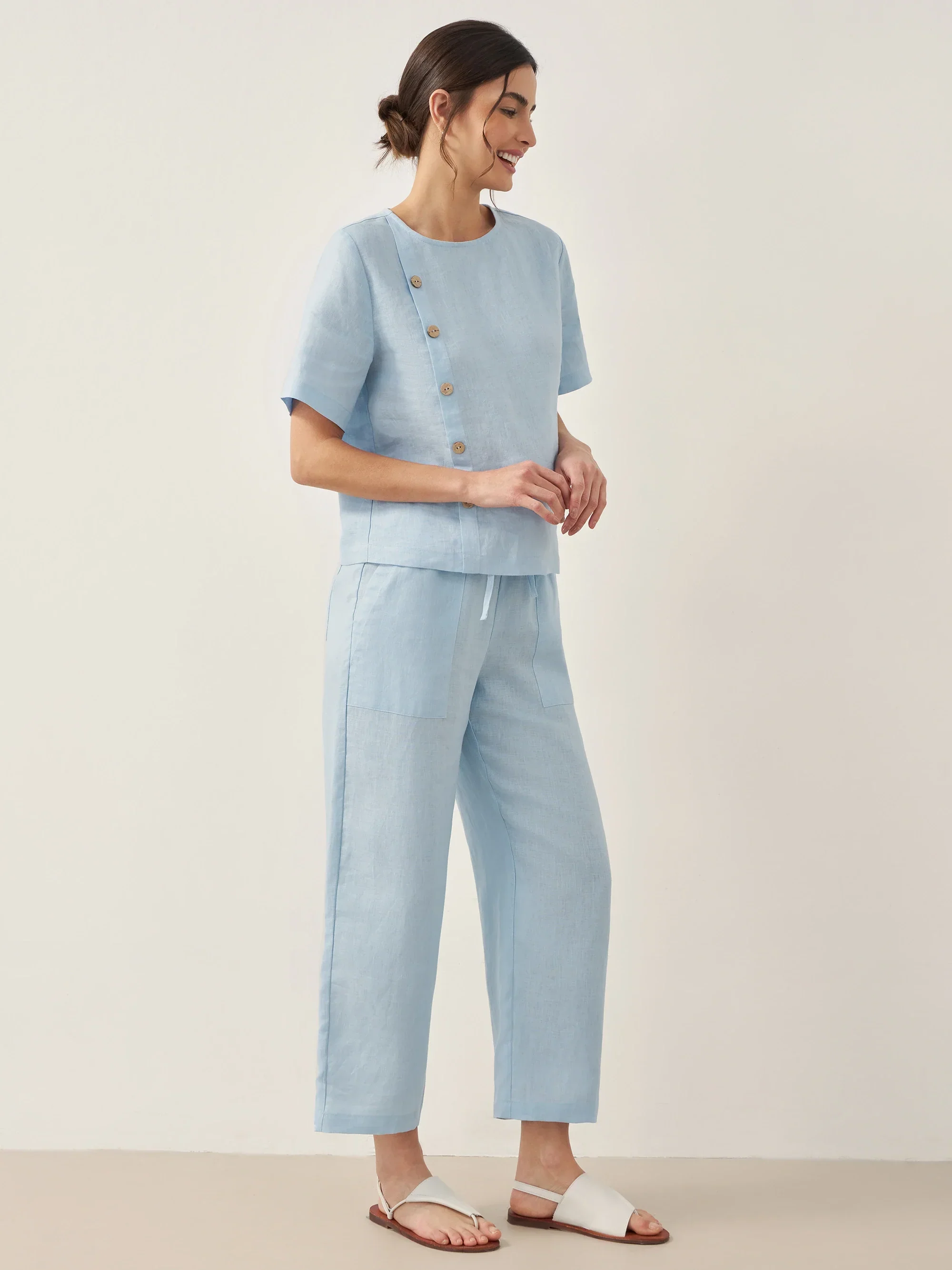 100% Linen Short-Sleeve Round Neck Button Detail Top & Pants Set JOSIE - Image 2