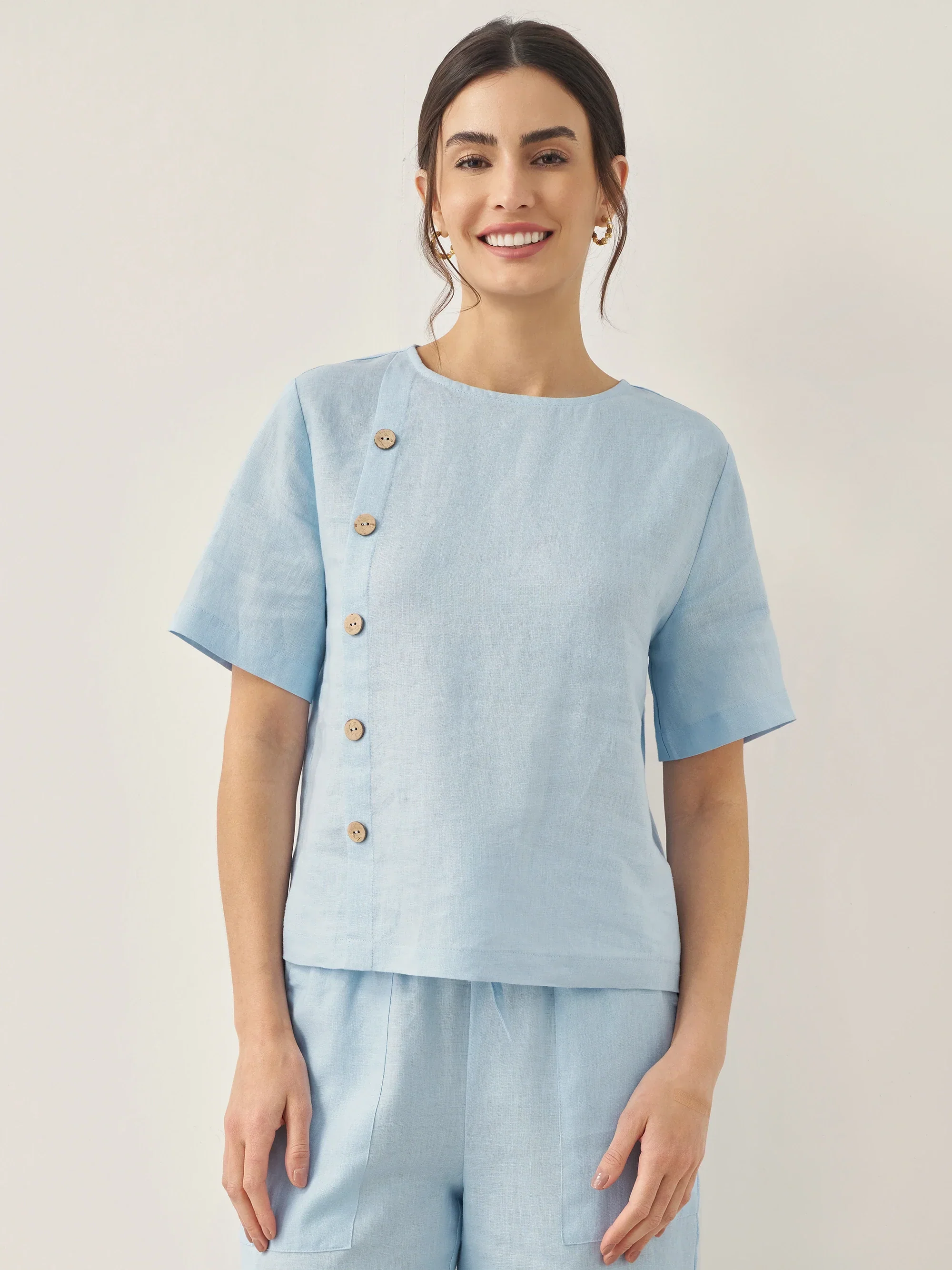 100% Linen Short-Sleeve Round Neck Button Detail Top & Pants Set JOSIE - Image 5