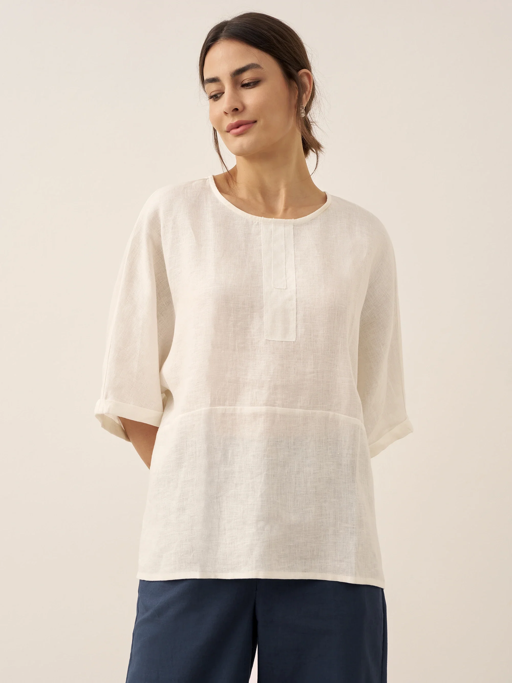 100% Linen Round Neck Mid-Sleeve Top ROBYN