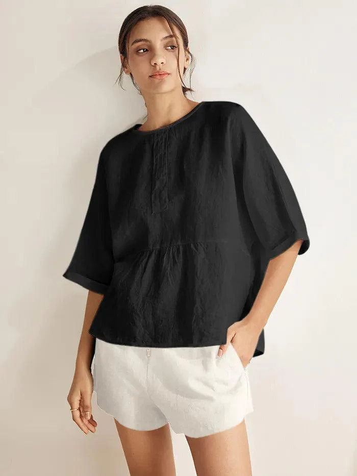 100% Linen Round Neck Mid-Sleeve Top ROBYN - Image 11